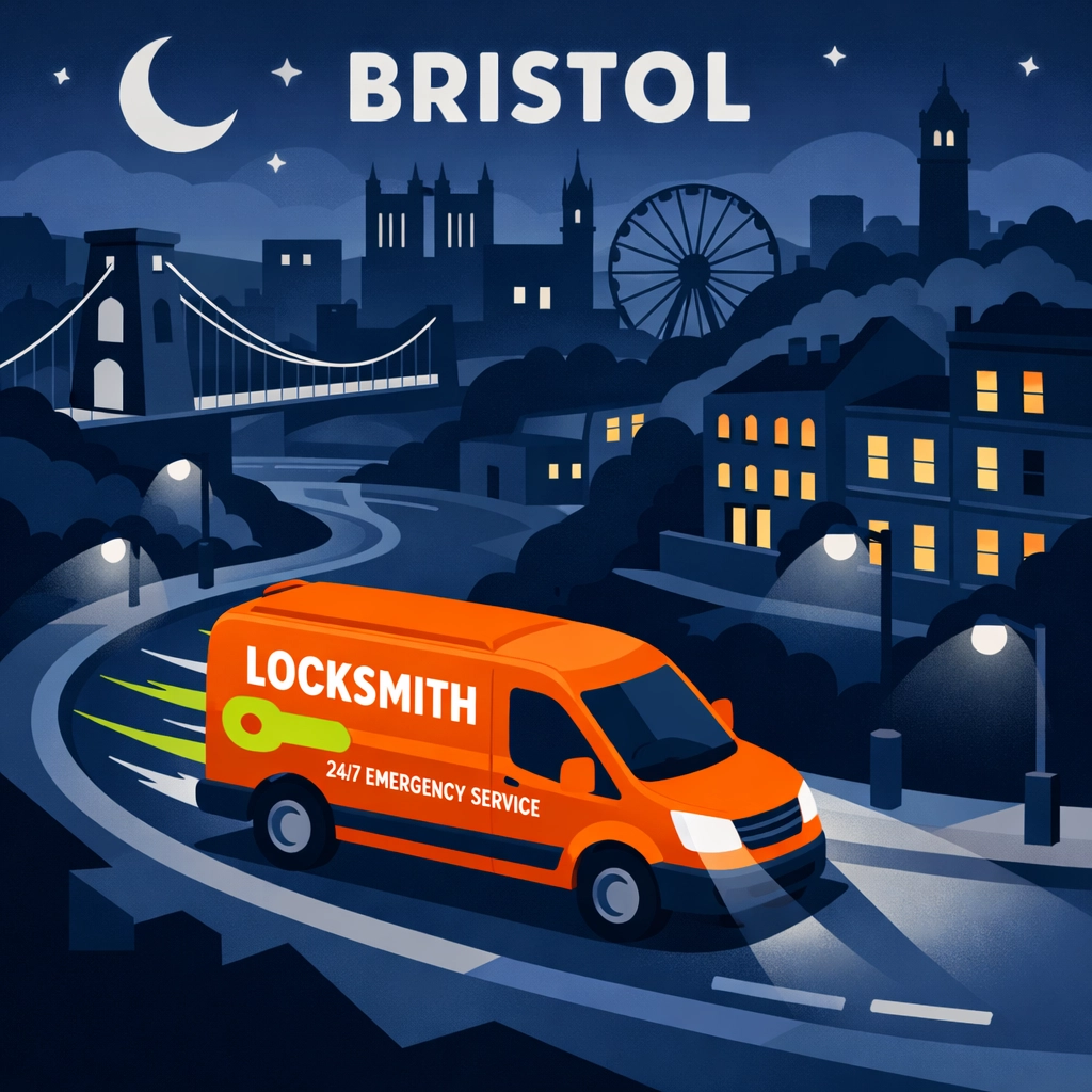Emergency locksmith van responding to 24/7 callout in Bristol at night