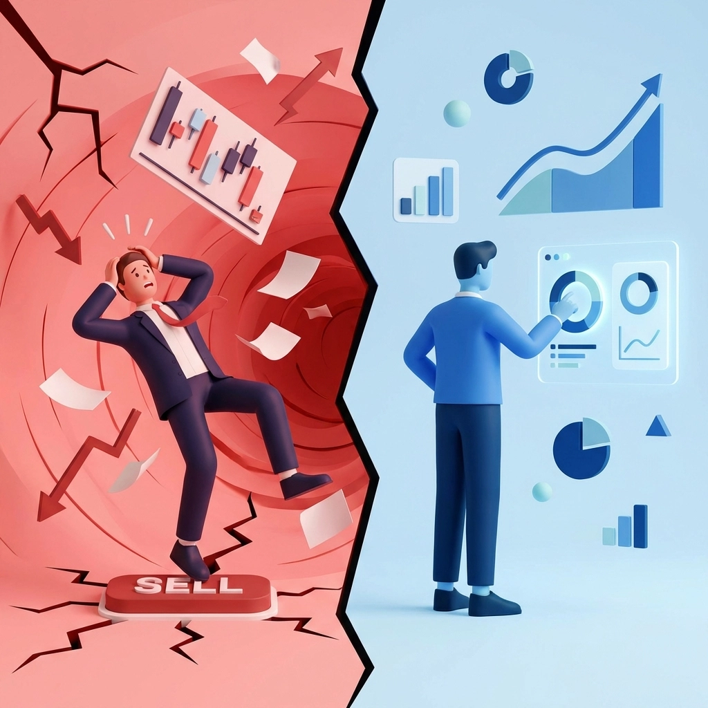 Comparison of panicked investor selling and calm investor rebalancing highlights emotional investing mistakes.