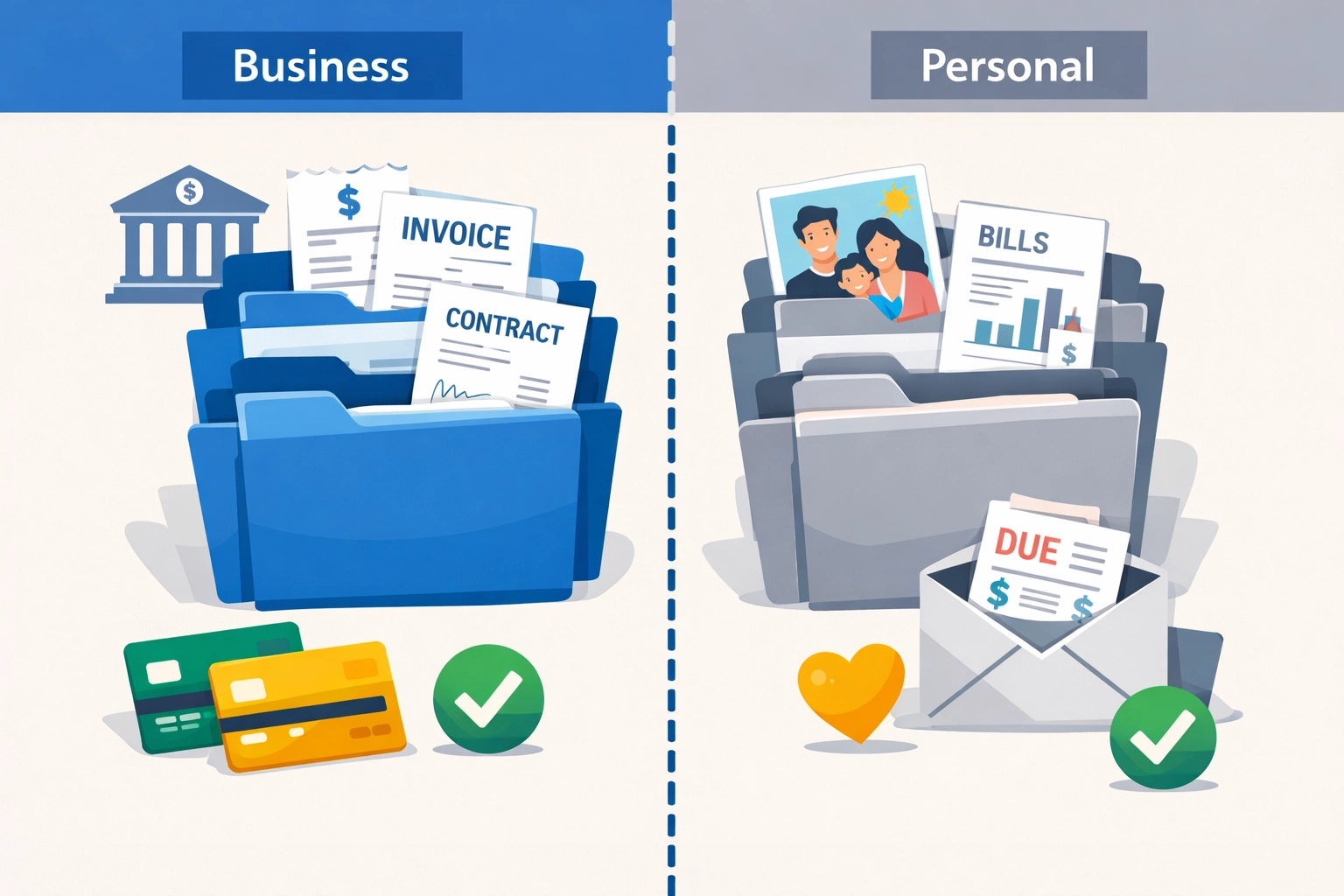 Organized filing system separating business and personal financial records