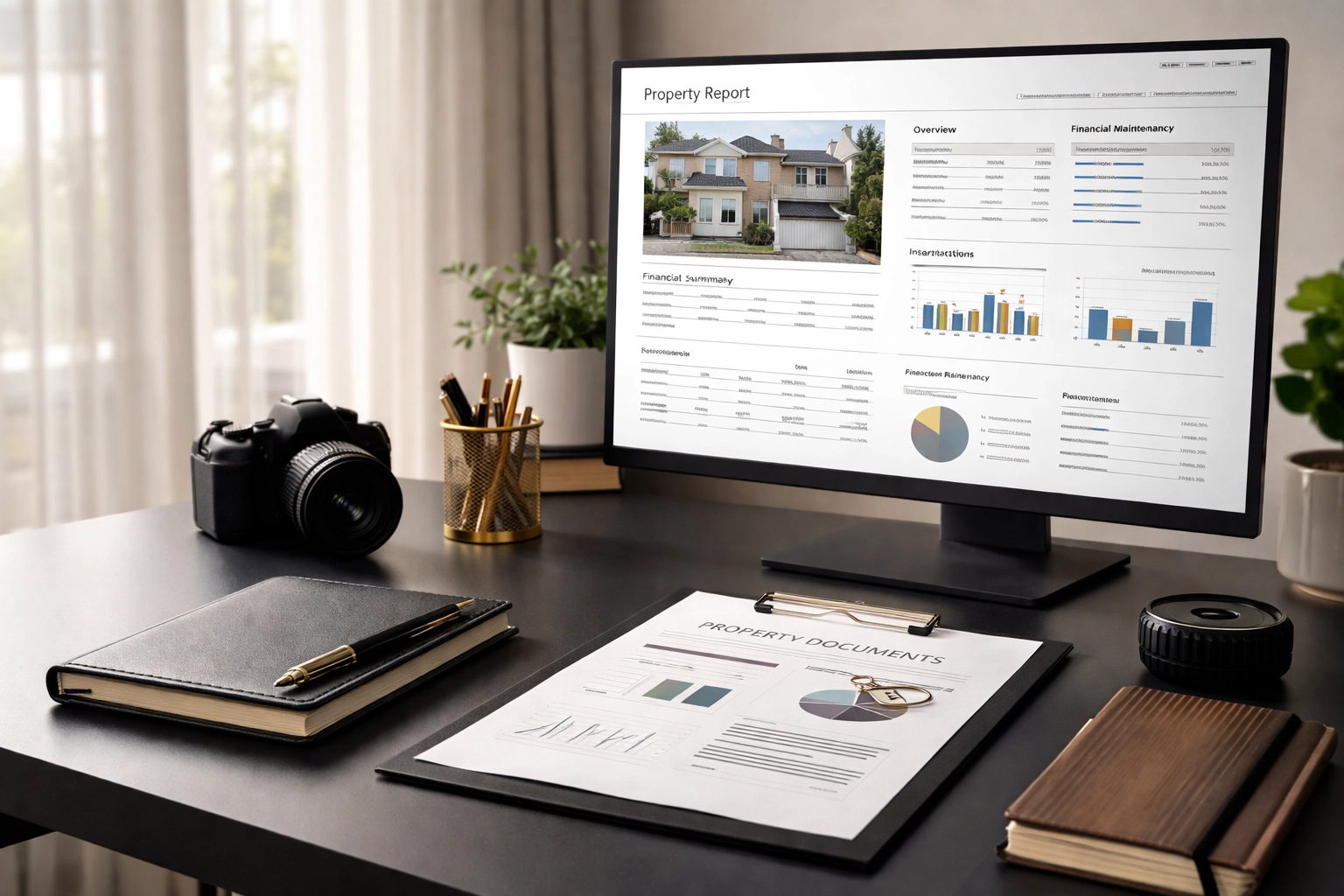 Organized property documentation setup with a camera and report, symbolizing precision in professional inventories.