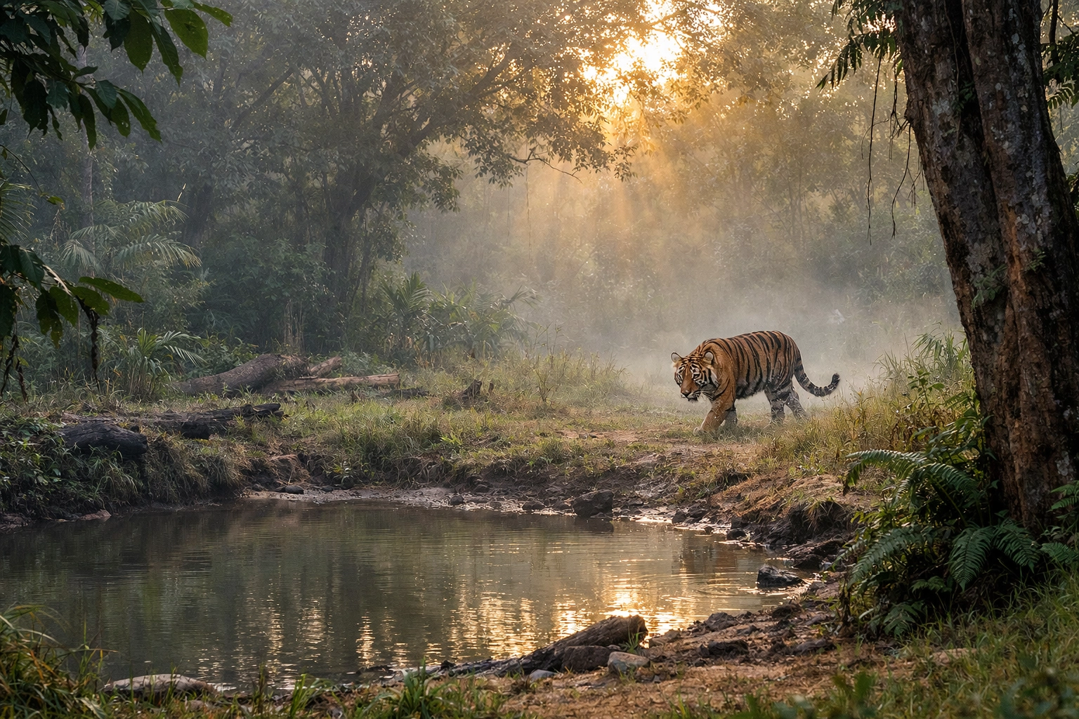 A wild tiger in a misty jungle clearing at sunrise, symbolizing the success of protected wildlife habitats.