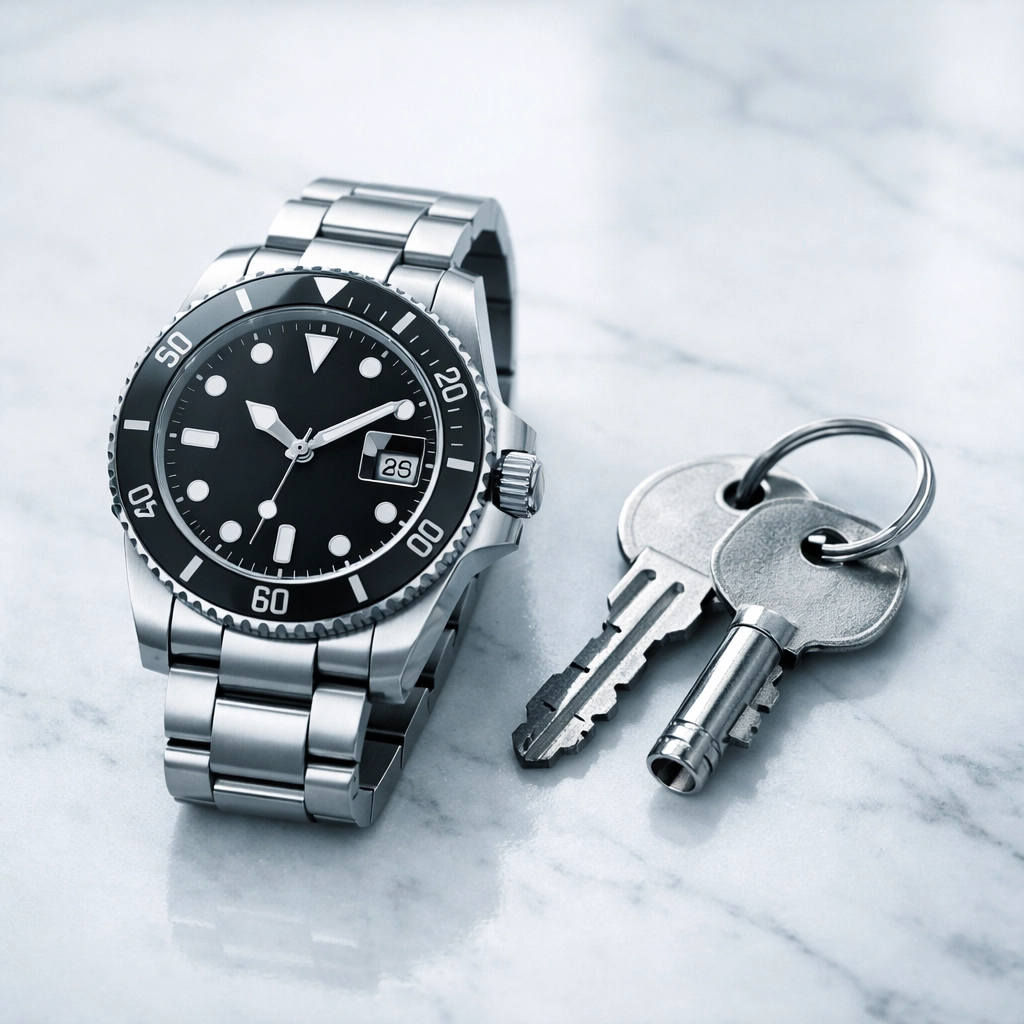 A professional wristwatch and keys on a marble table symbolizing the precise timeline of selling an Alabama franchise.
