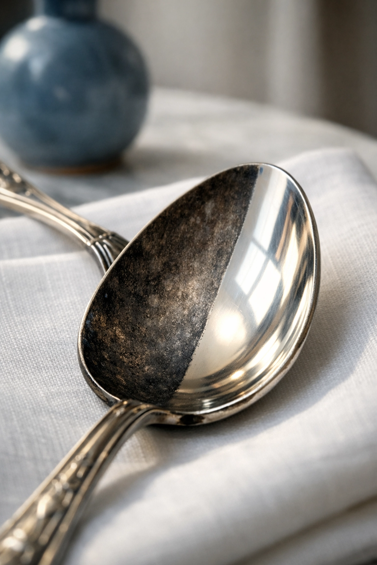Contrast between a tarnished and polished silver spoon for a weekly house cleaning tip.