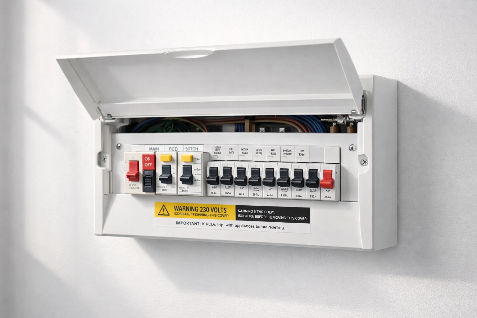 Open electrical consumer unit showing circuit breakers during EICR inspection