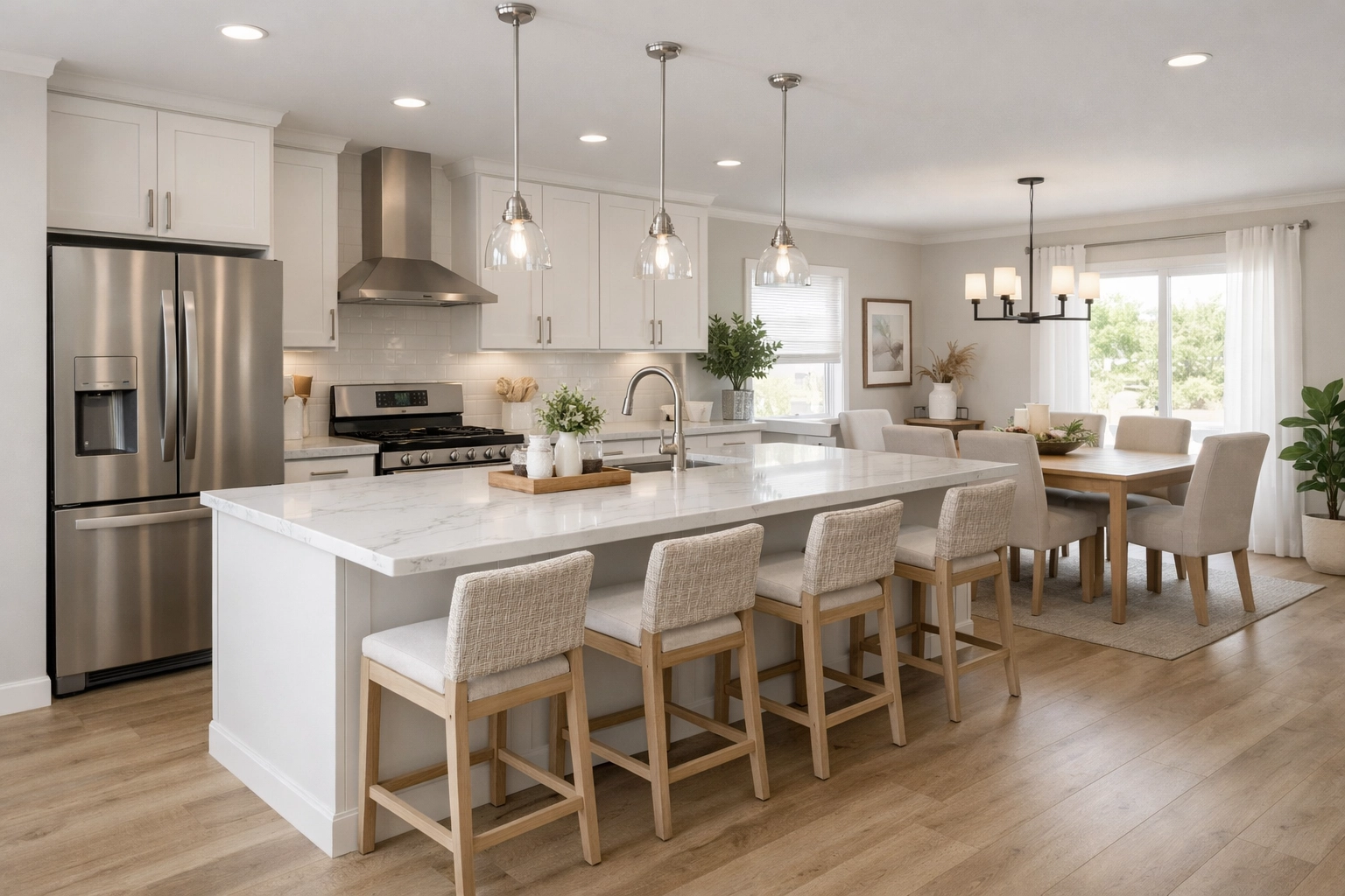 Modern open-concept kitchen with white marble island and light wood floors in a manufactured home.