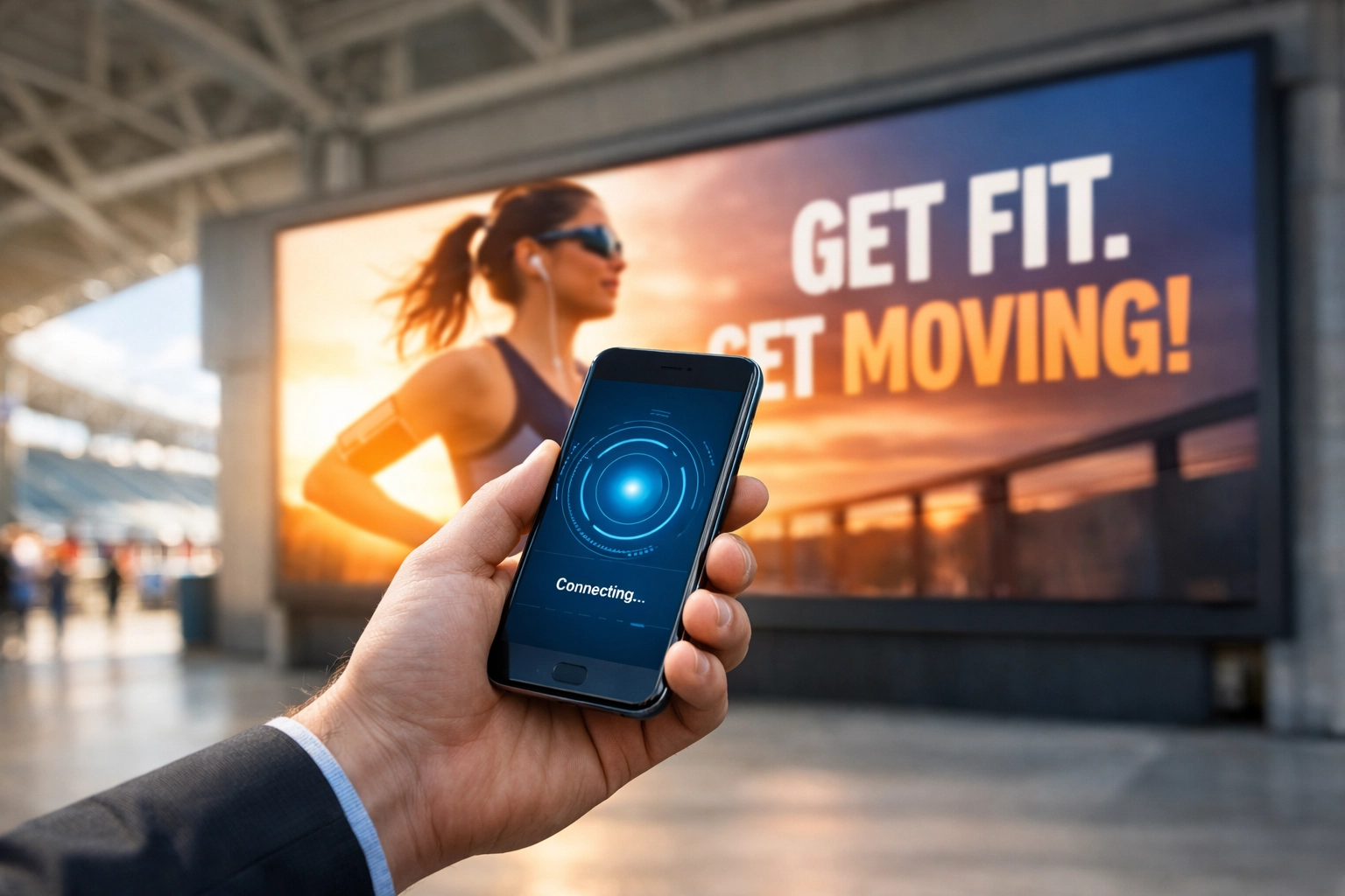 Smartphone user interacting with a digital OOH sports display to bridge physical and digital media.