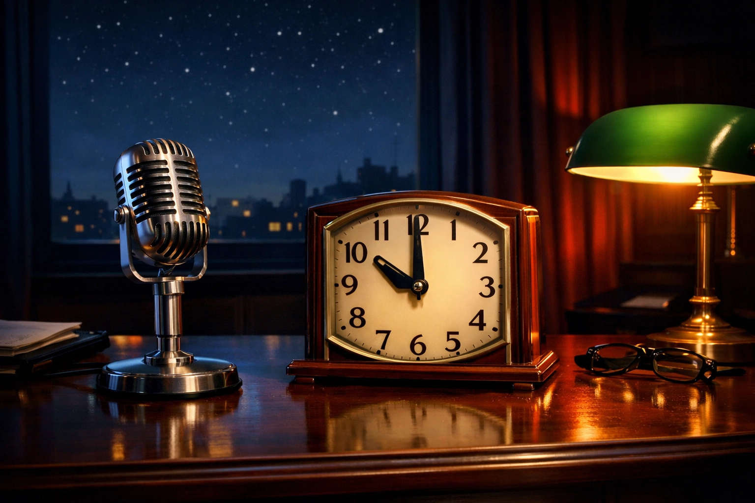 A vintage newsroom desk with a microphone and clock at 10 PM, representing peace in Christian news.
