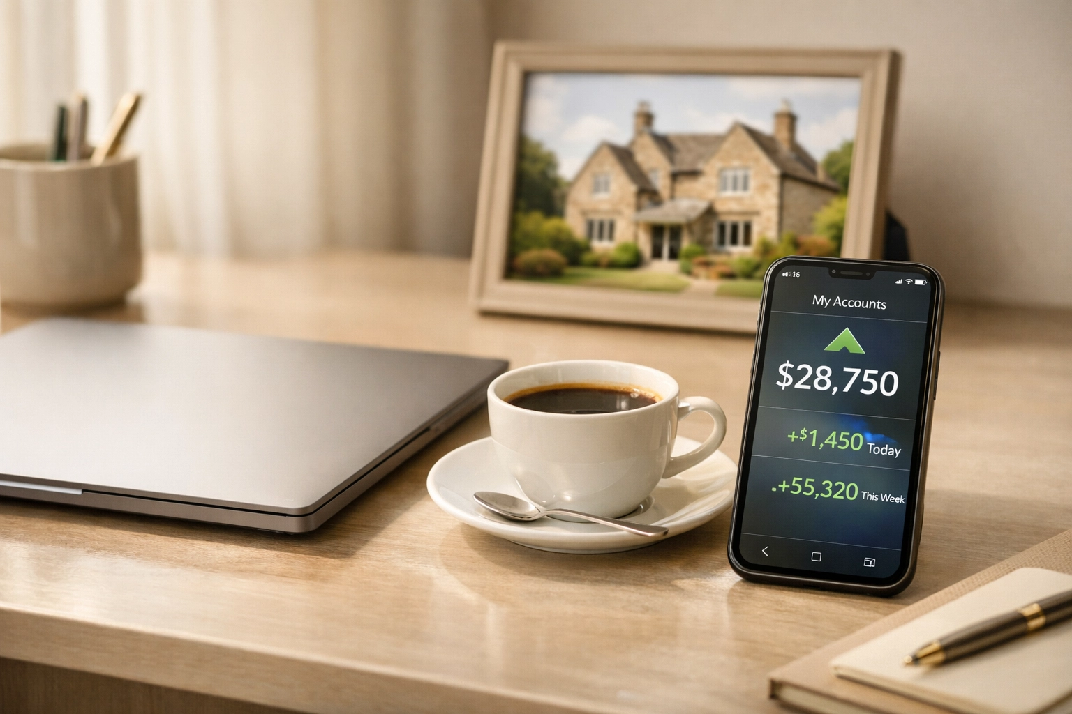 Busy professional's desk with laptop and smartphone showing UK property investment returns