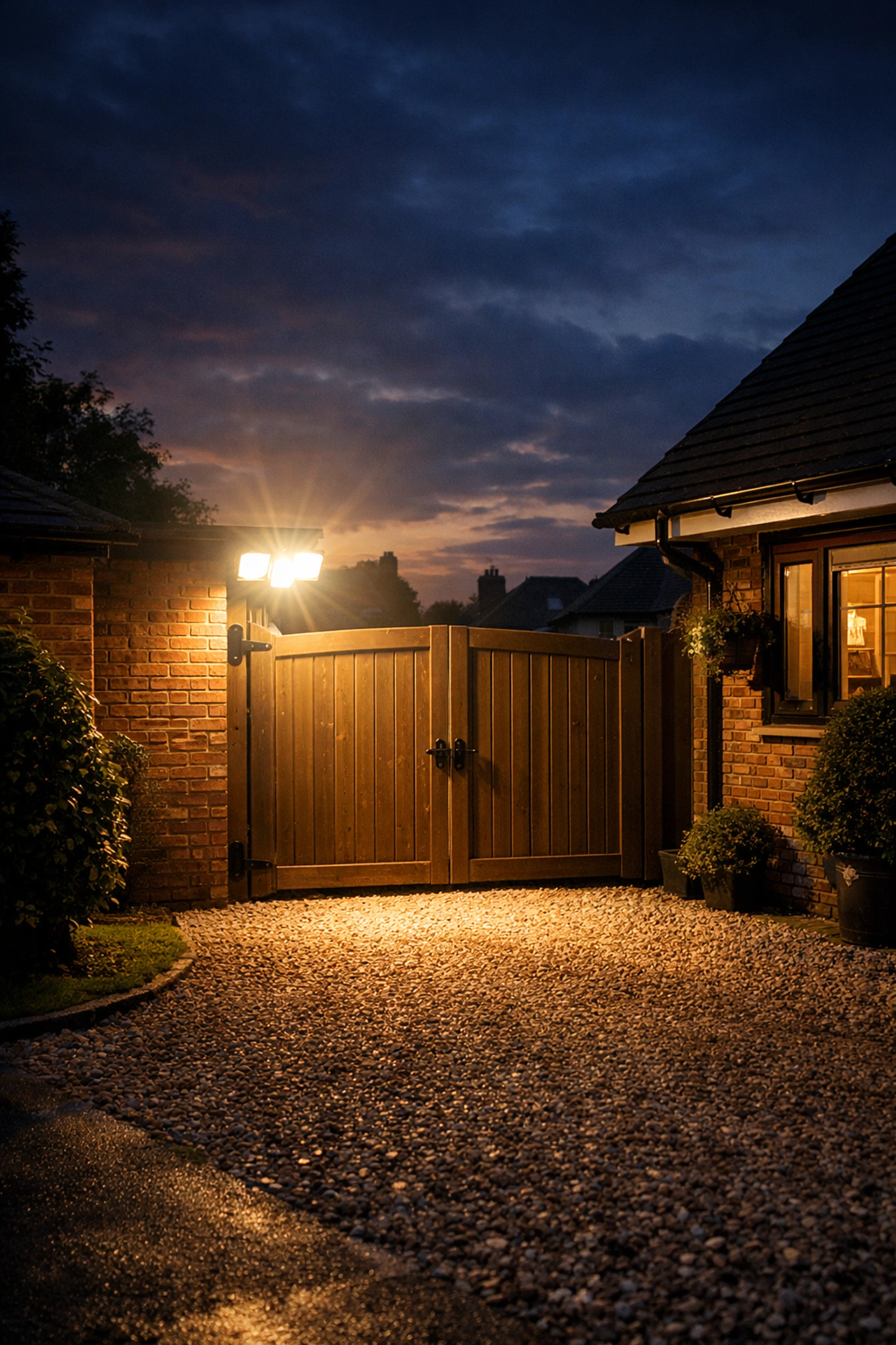 Motion-activated security lighting illuminating a residential driveway and gate at night.