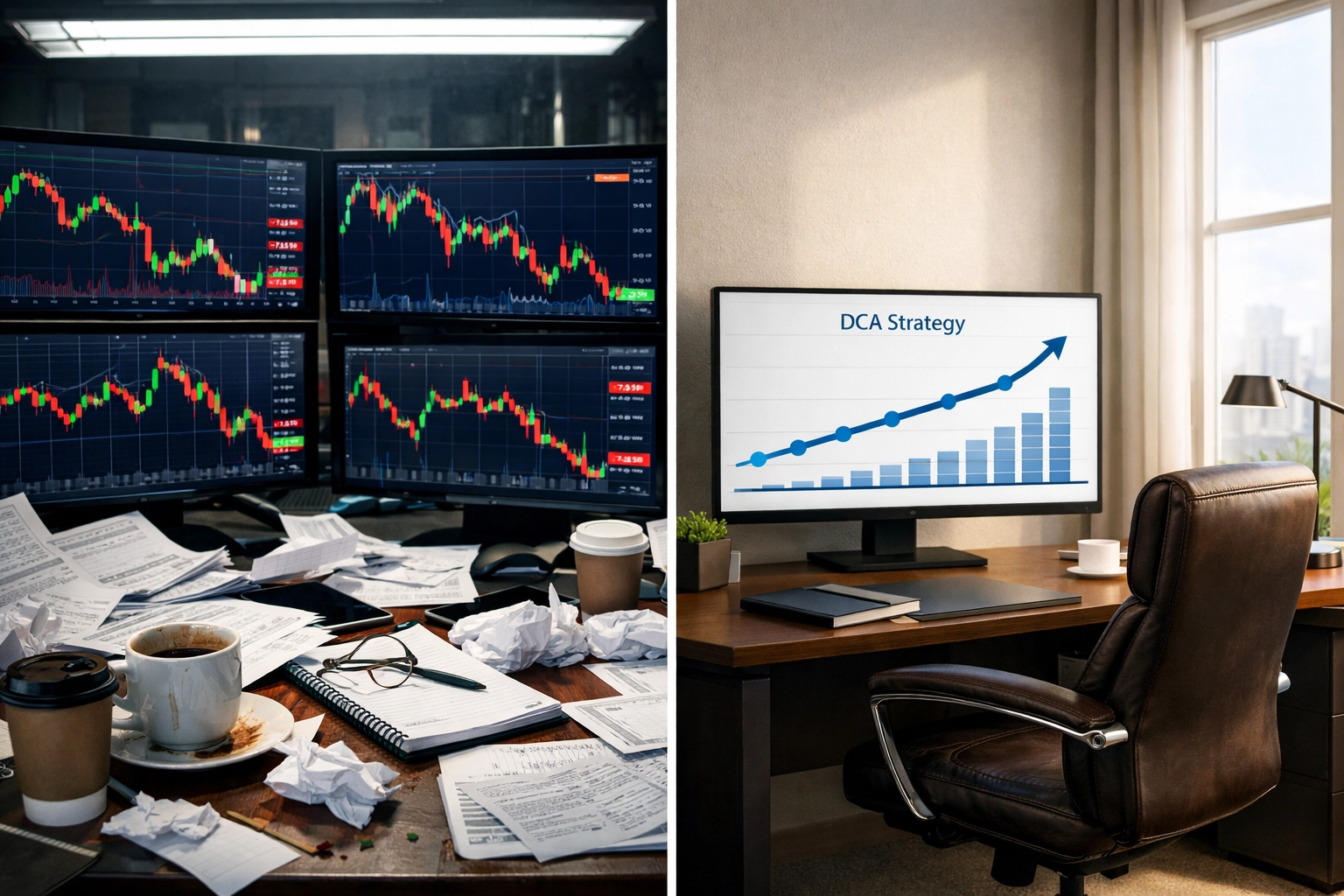 Comparison of chaotic retail crypto trading desk versus organized institutional investment approach