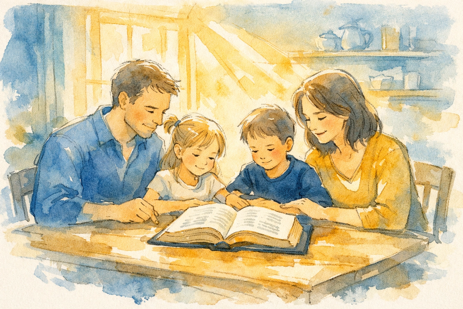 Family reading Bible together at kitchen table during morning devotion time