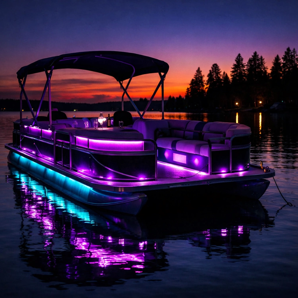 Pontoon boat deck featuring vibrant purple and cyan LED accent lighting at twilight.
