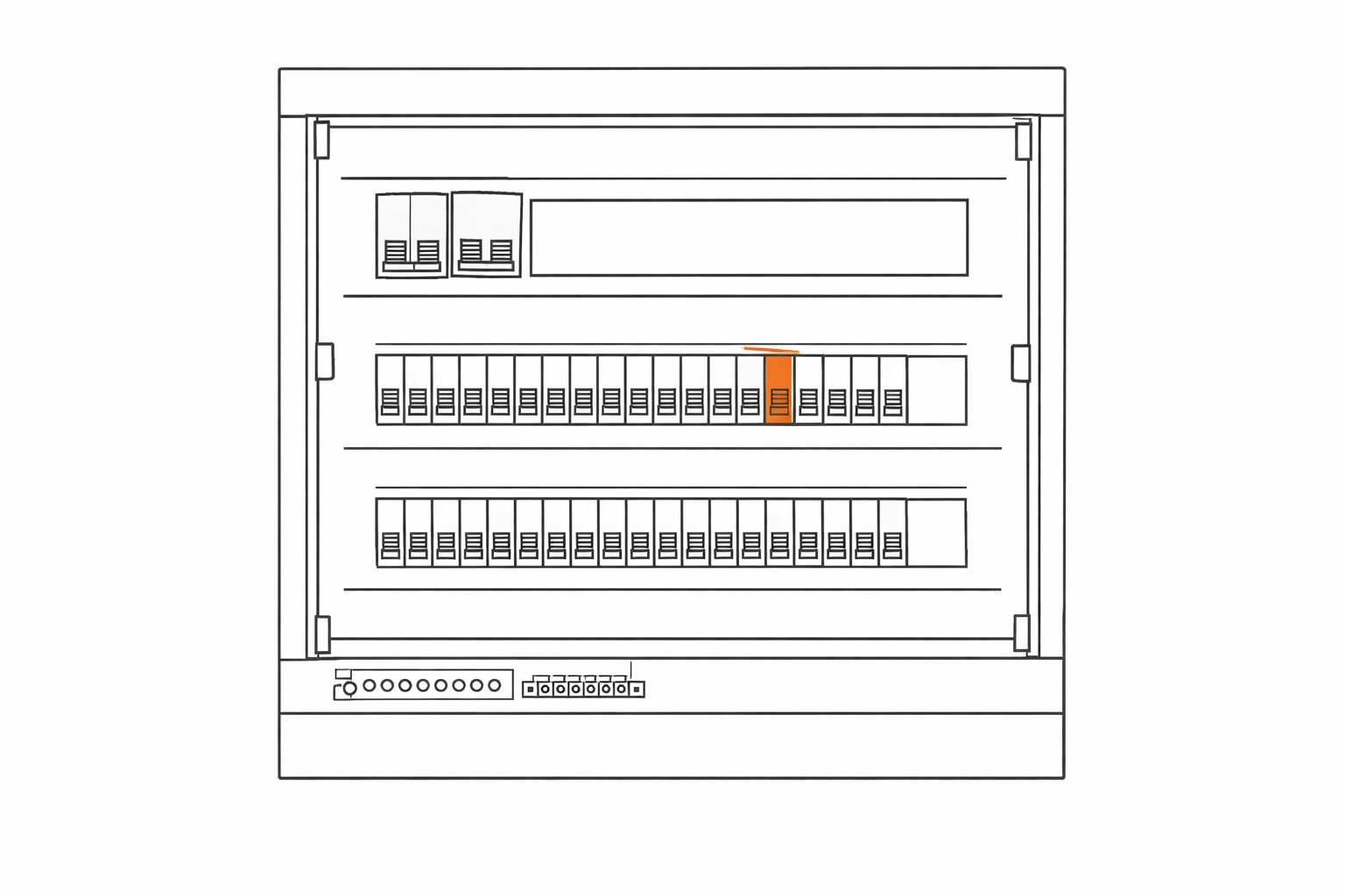 Technische Illustration eines Elektro-Verteilerkastens zur Prüfung der Hausinstallation für Wallboxen.
