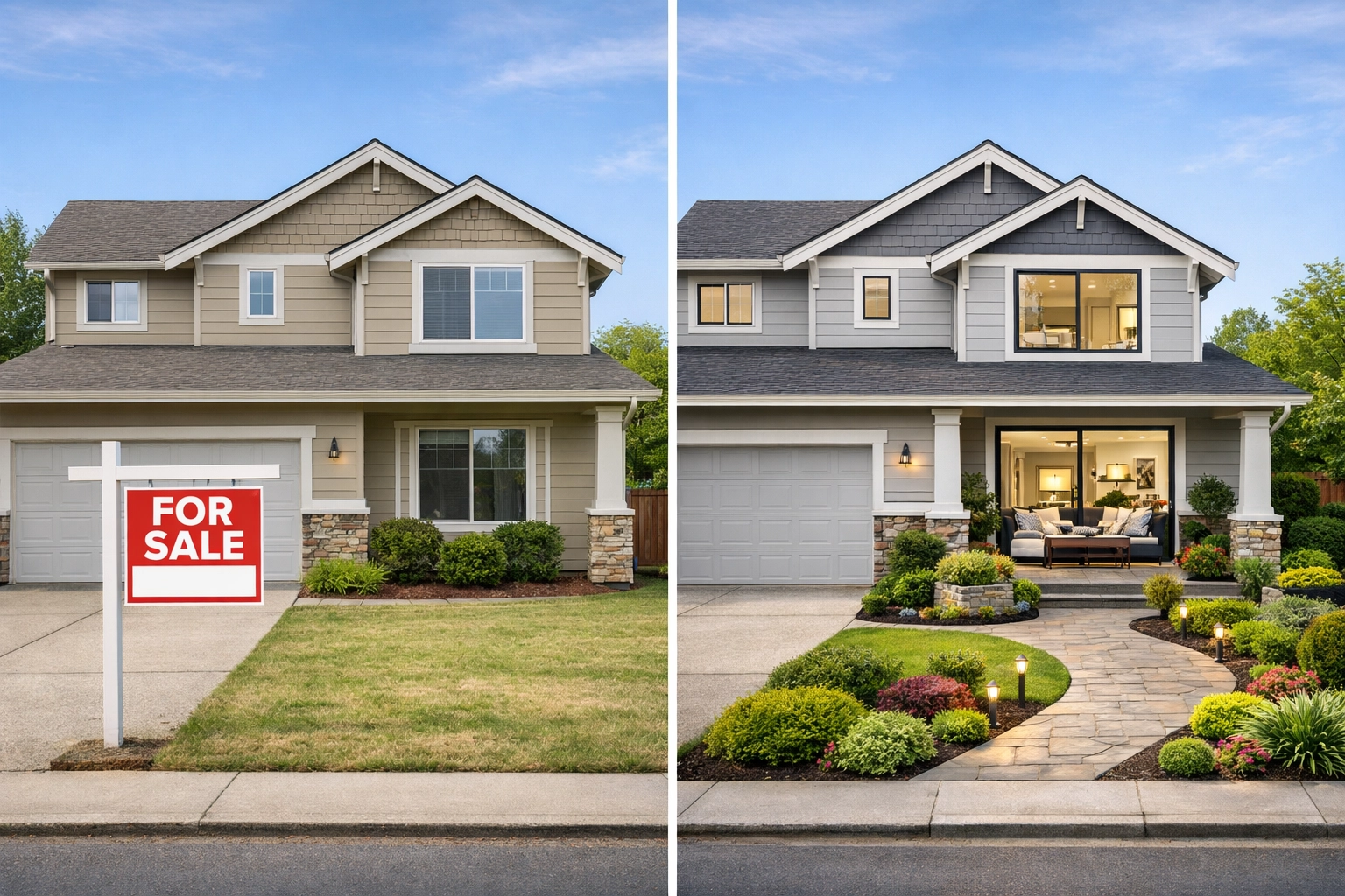 Side-by-side comparison of basic listing vs professionally staged home with curb appeal