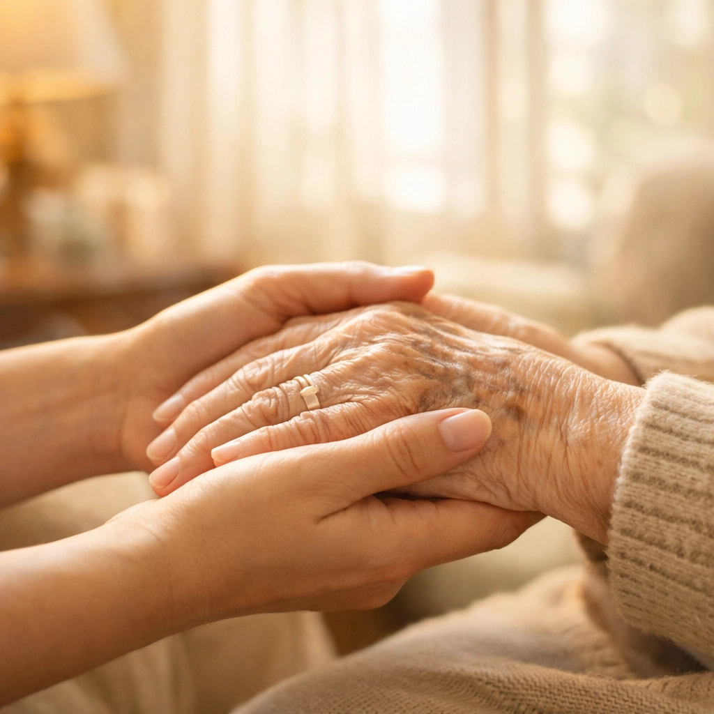Caregiver holding elderly person's hands providing compassionate home care