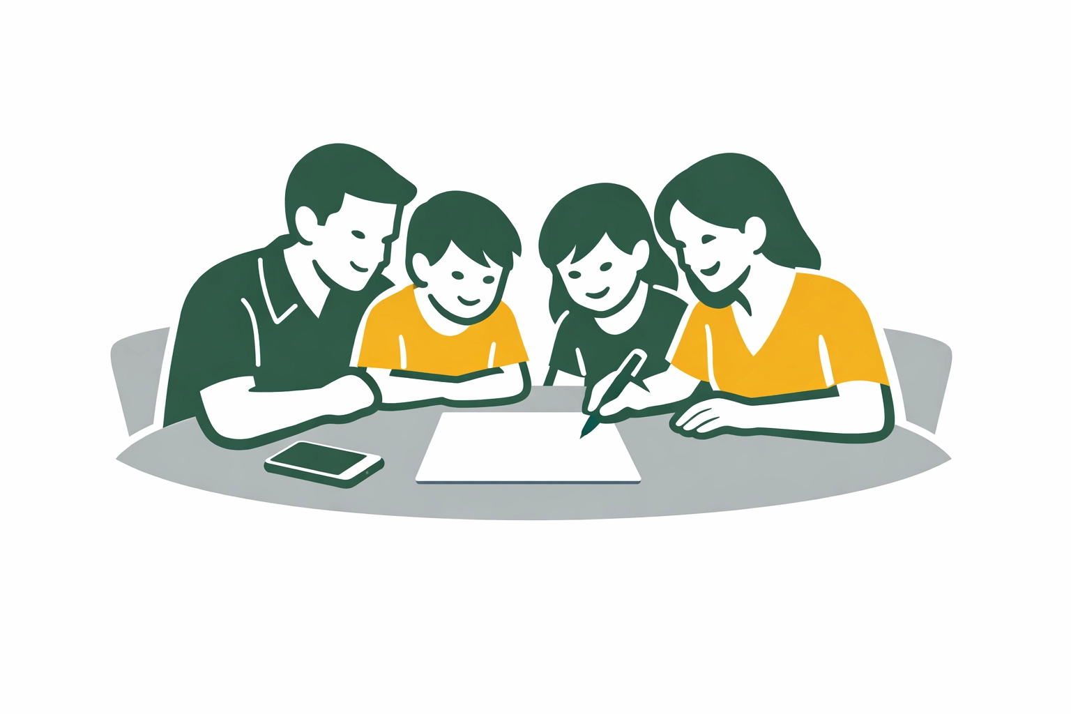 Christian family creating written digital media agreement together at dining table