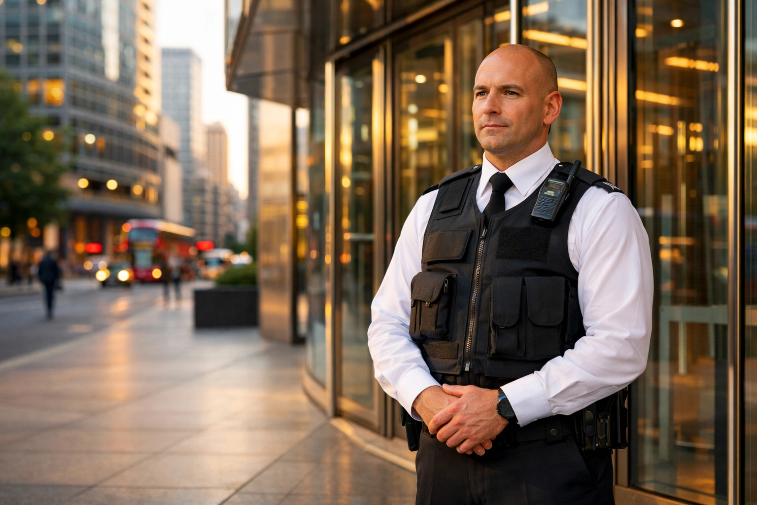 Professional security guard in London providing concierge-style protection at a high-end corporate building.