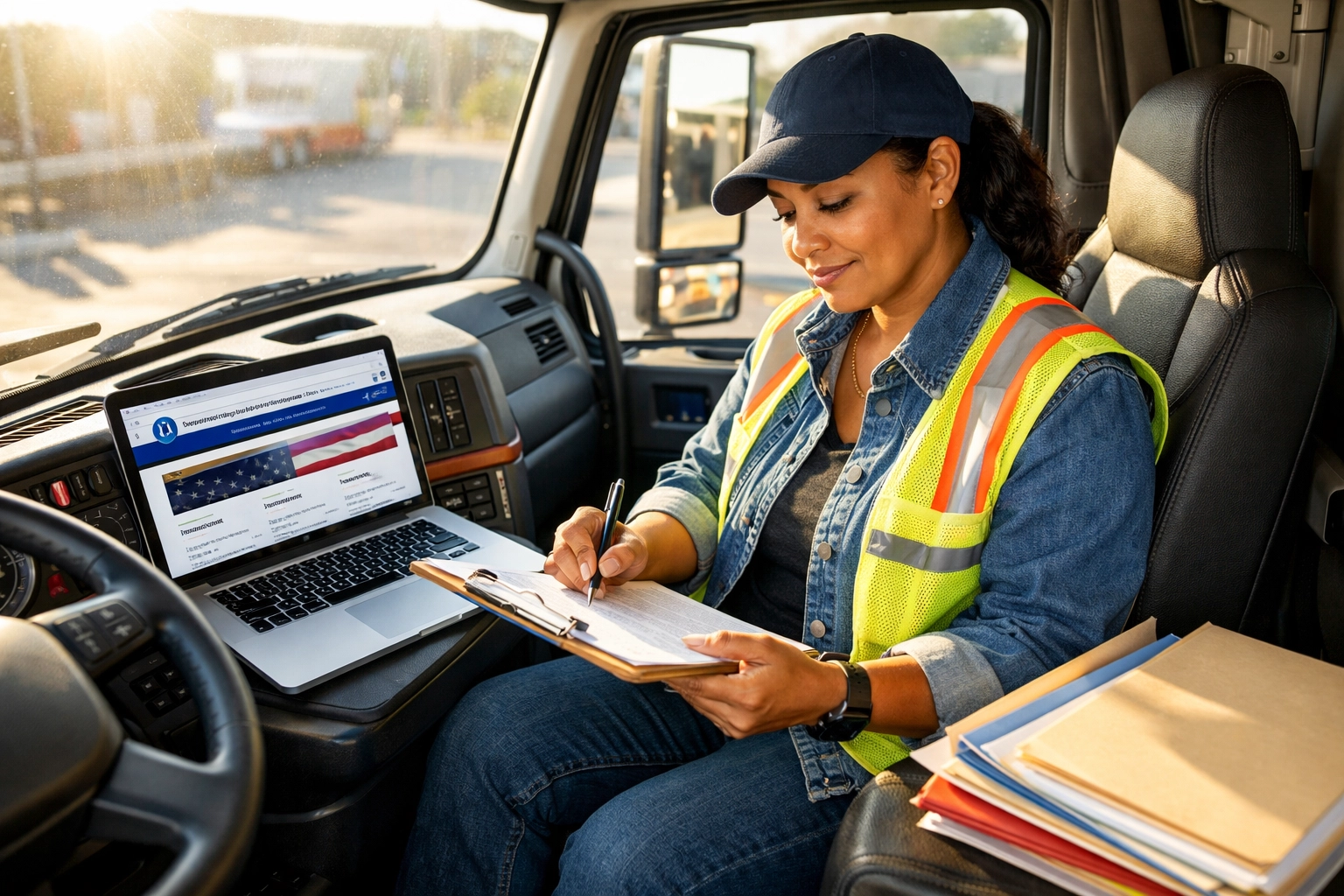 Truck driver reviewing biennial update paperwork and USDOT compliance documents in semi-truck cab