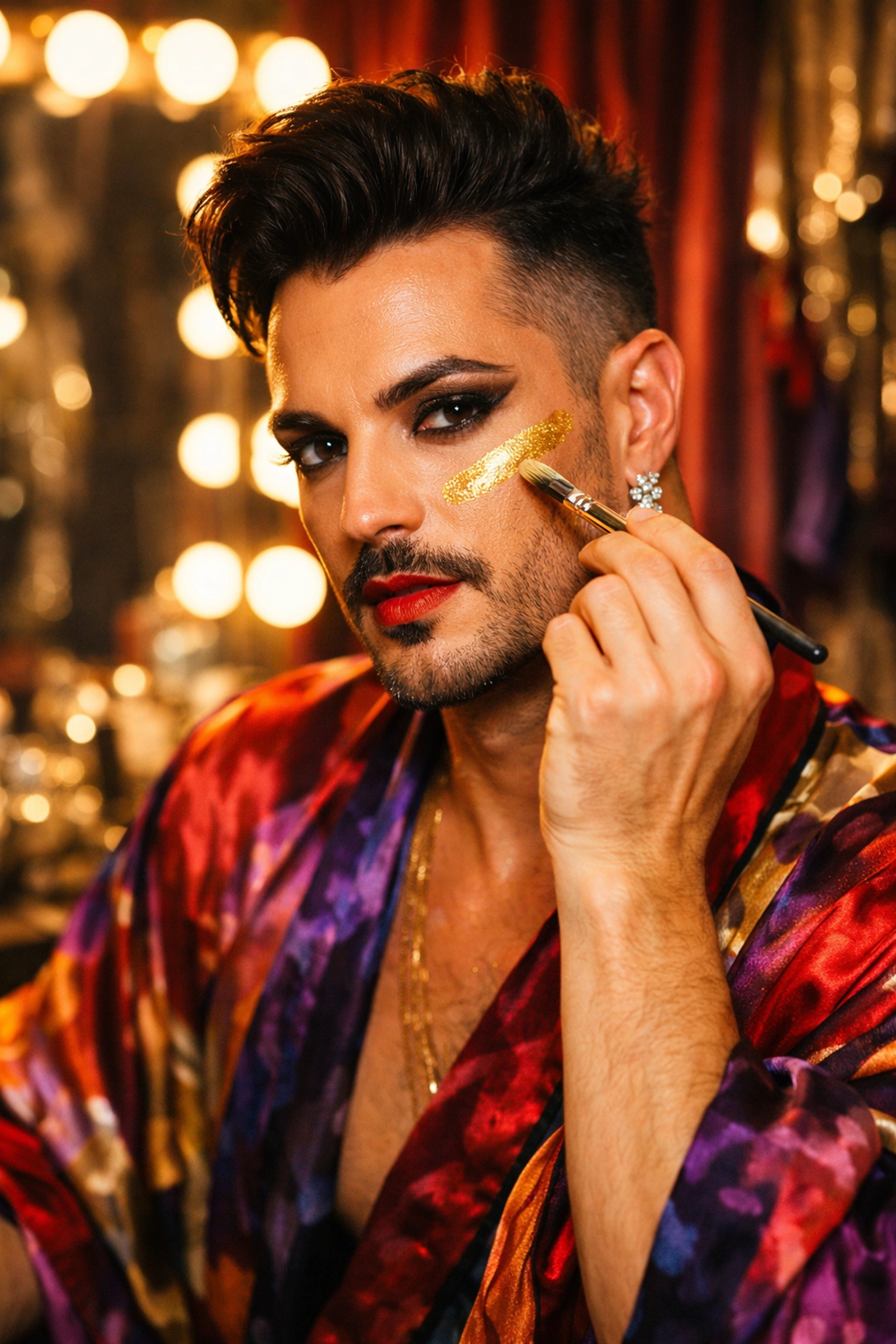 A stylish gay man performing his identity in a dressing room, illustrating gender expression in queer fiction.