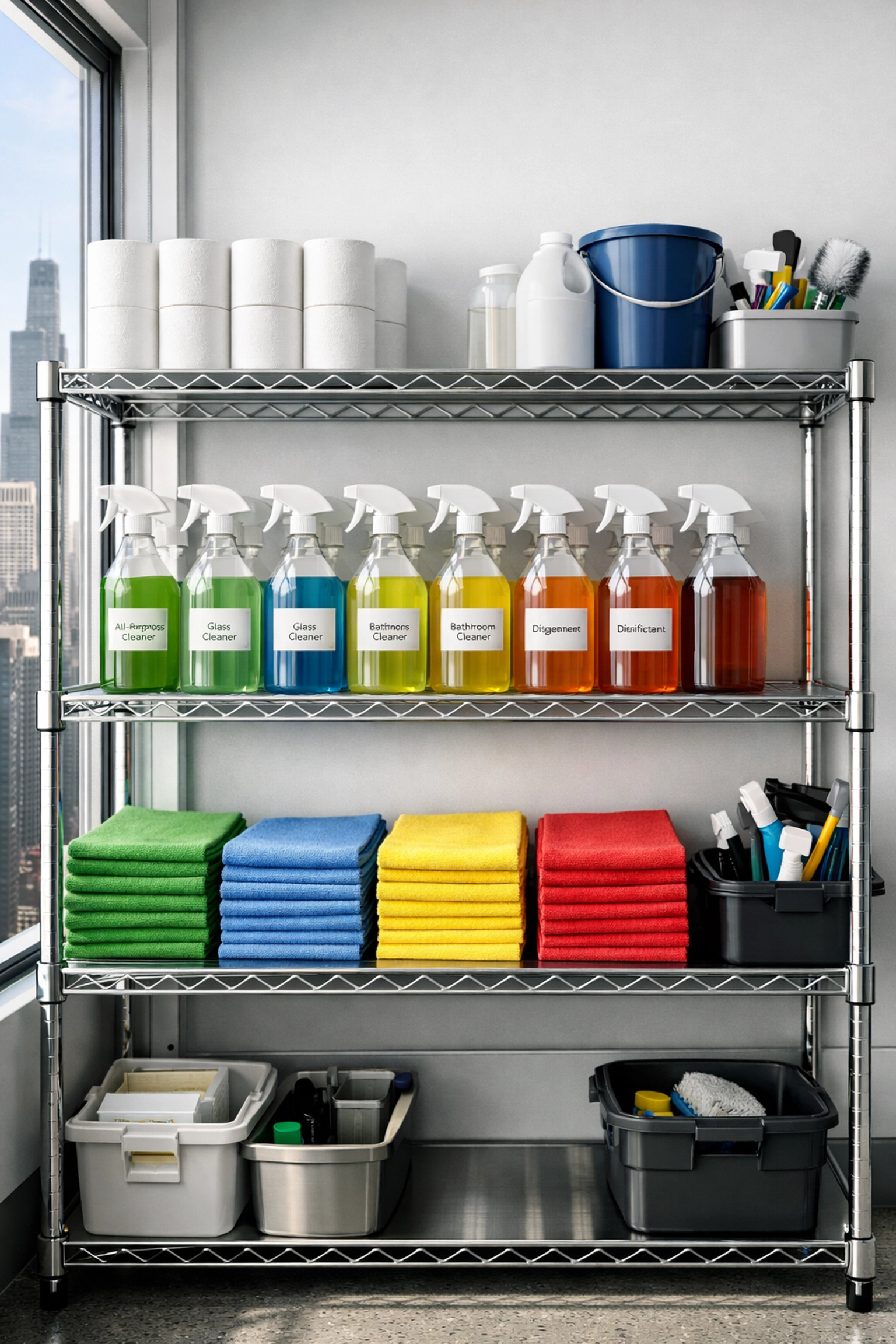 Organized janitorial supply station in a Chicago high-rise showcasing systematic office cleaning standards.