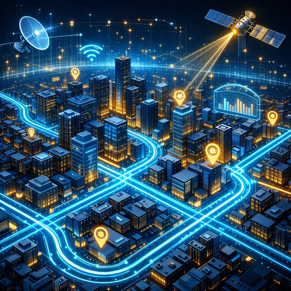 KI in der Logistik: Visualisierung von vernetzten Lieferrouten und Datenströmen in einer Stadt.