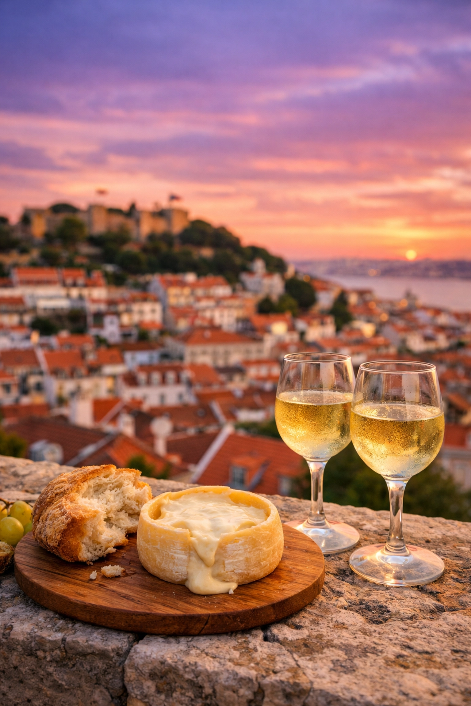 Budget travel food picnic with Portuguese cheese and wine at Miradouro da Graça sunset photo spot.