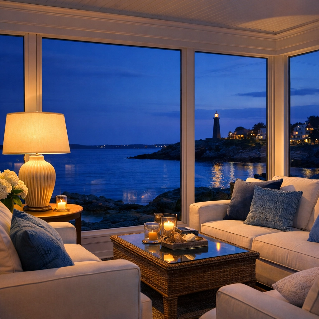 A clean, relaxing sunroom with a lighthouse view reflecting the high standard of Marblehead home cleaning.