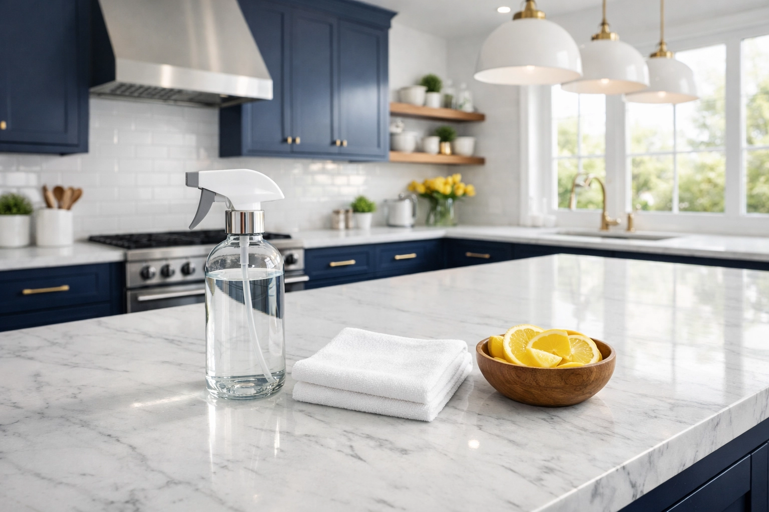 Eco-friendly spray bottle and microfiber cloth on a clean kitchen counter, showcasing green disinfectants.