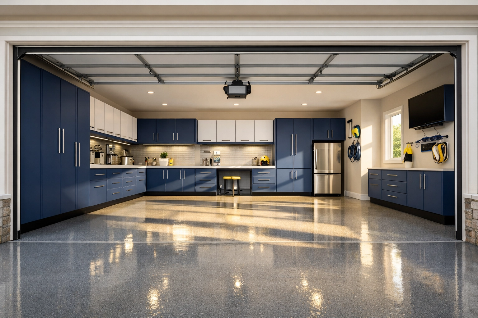 A spotless residential garage with clean epoxy floors and organized cabinets after deep cleaning.