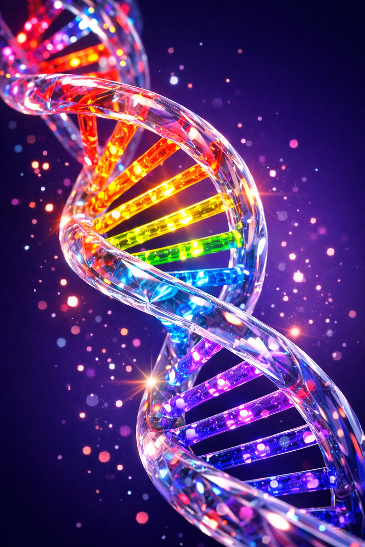 Rainbow DNA double helix illustrating the natural science behind LGBTQ+ identities and gay romance.