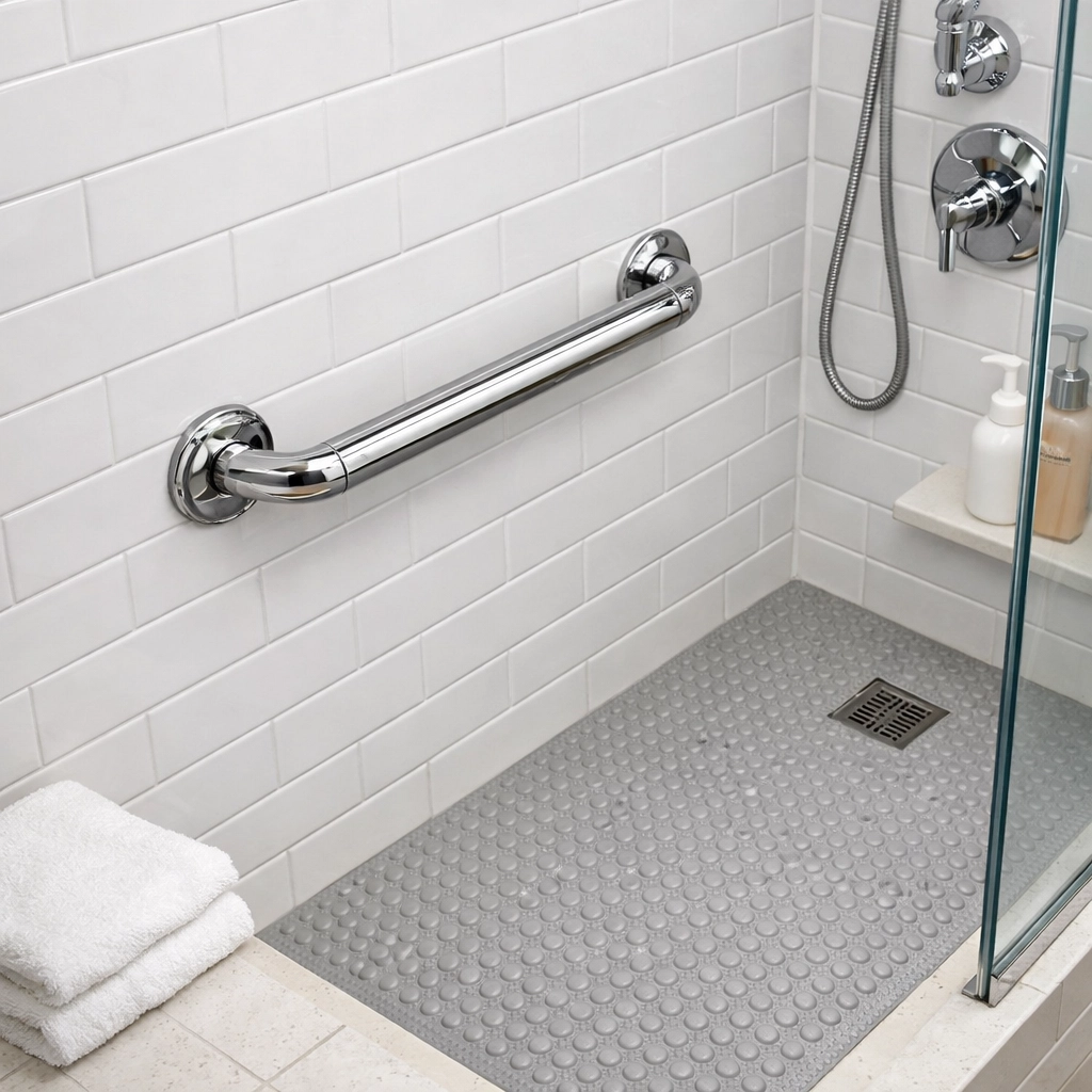 Polished chrome grab bar and non-slip mat in a bathroom for elderly fall prevention.