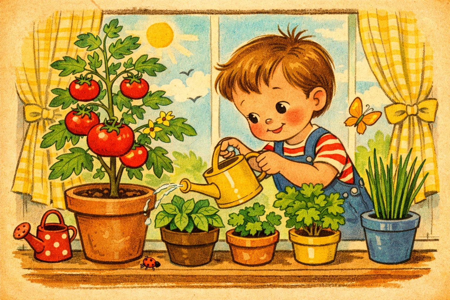 Child watering tomato plants and herbs in windowsill garden at home