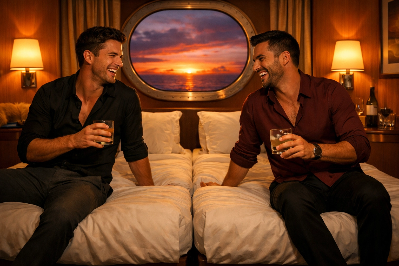Twin beds pushed together in gay cruise cabin with two men sitting on opposite edges laughing
