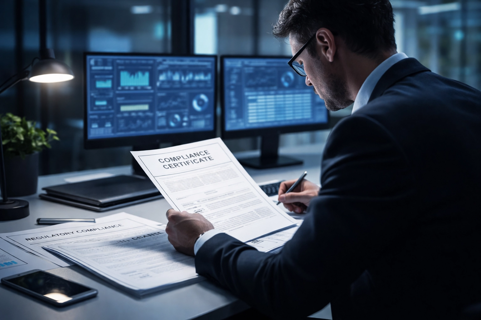 IT professional reviewing ITAD compliance documents and data privacy regulations in modern office