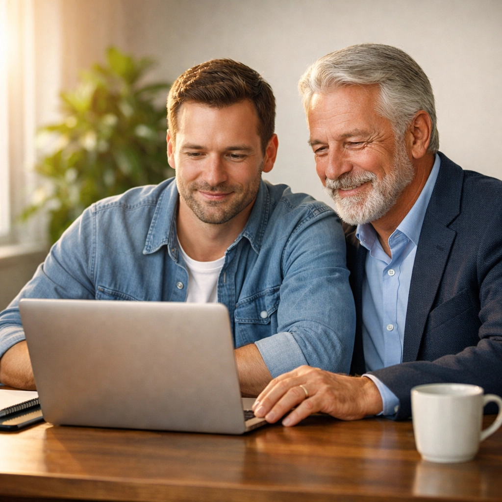 Sober business mentor reviews P&L and cash flow with entrepreneur at desk