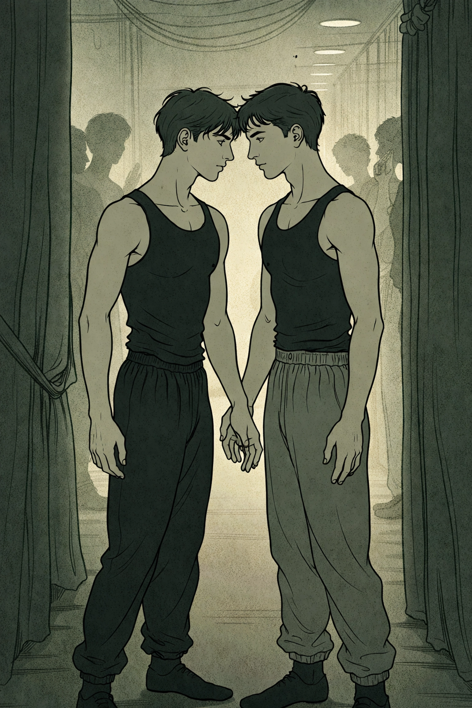 Male dancers stand close in a backstage corridor, showcasing tension and secrecy in a forbidden romance.