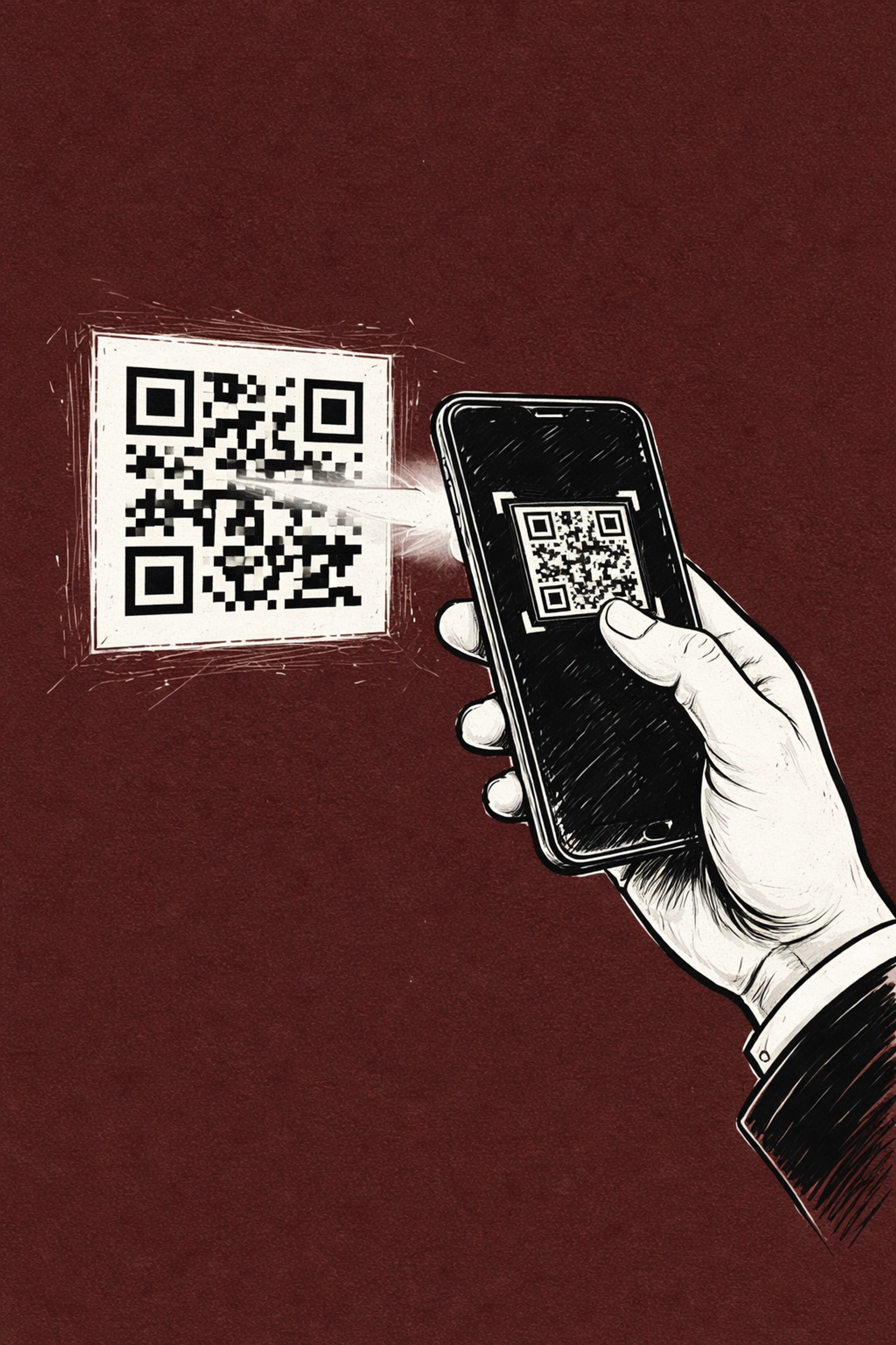 Hand sketch of a person scanning a QR code with a smartphone to check in at a creative studio for real-time collaboration.