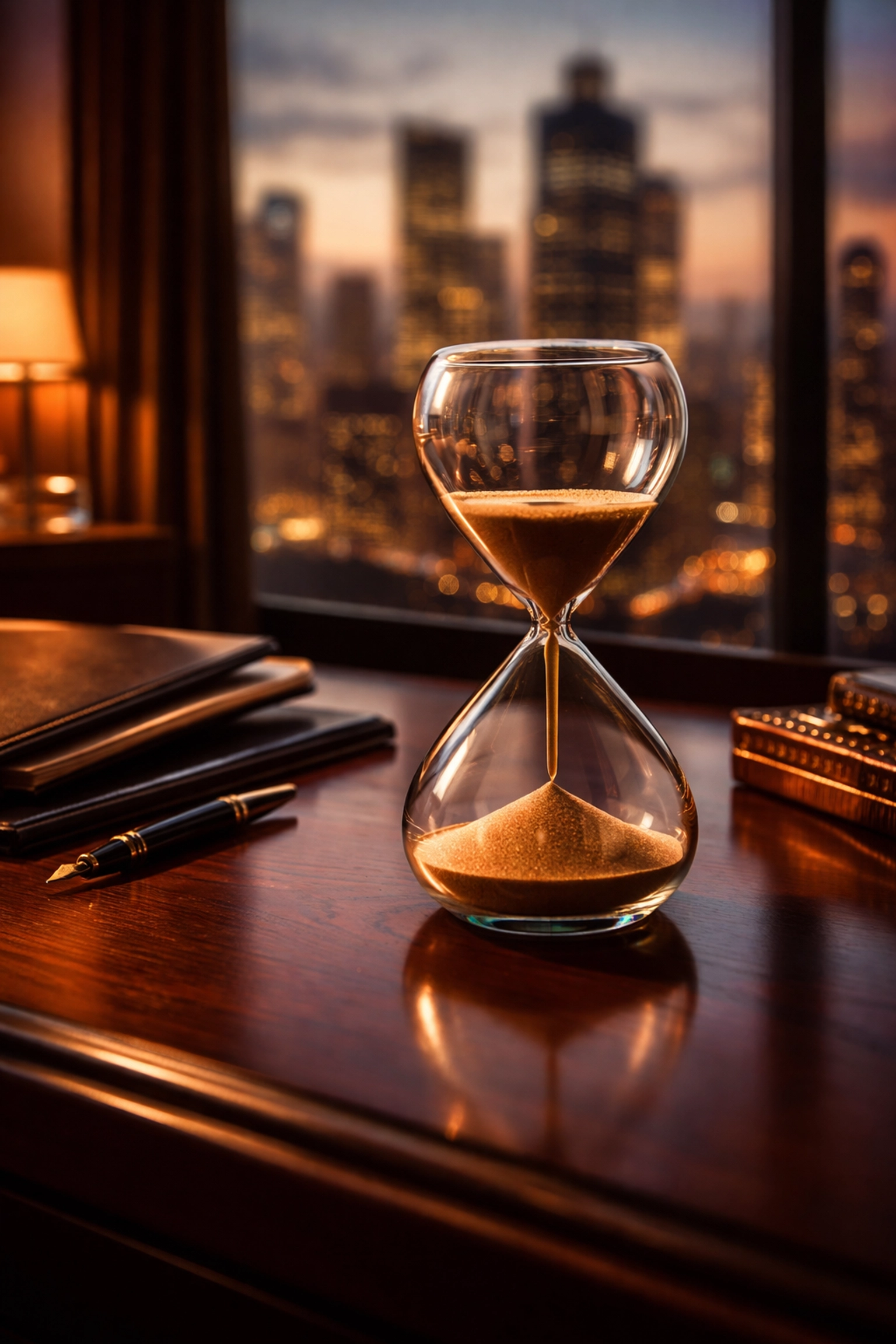 Hourglass on executive desk symbolizing capital lockup and long-term investment strategies for accredited investors