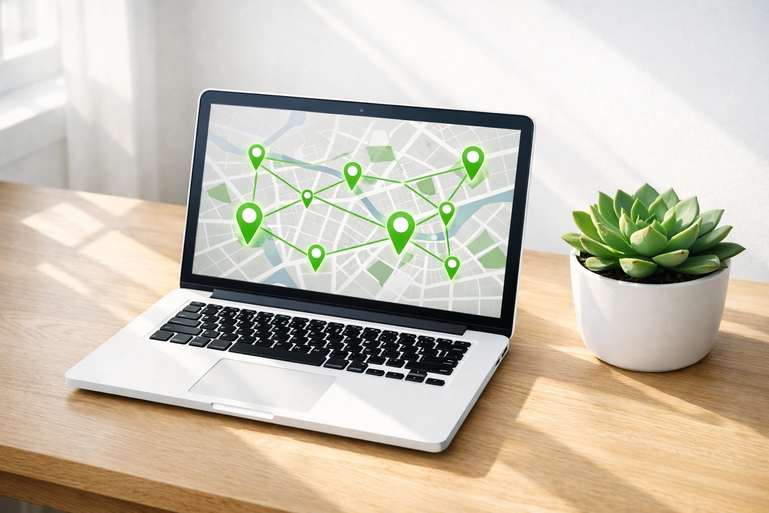 Digital map with location markers on a laptop representing local SEO keyword research.