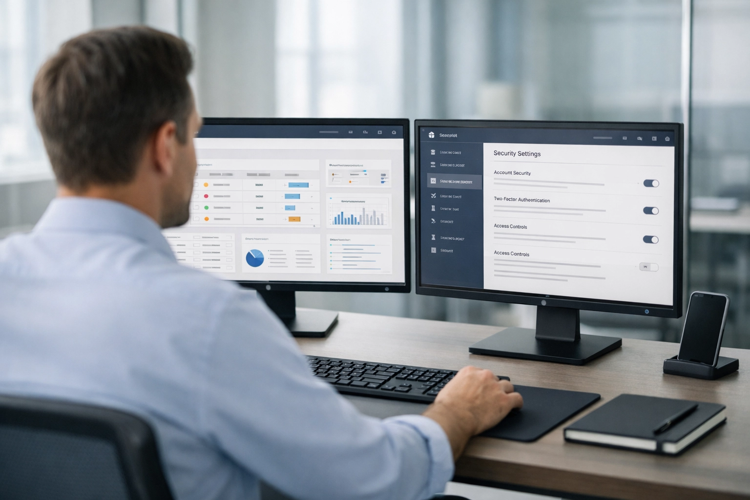 Tax service bureau manager monitoring operations on a secure software dashboard in a modern office.