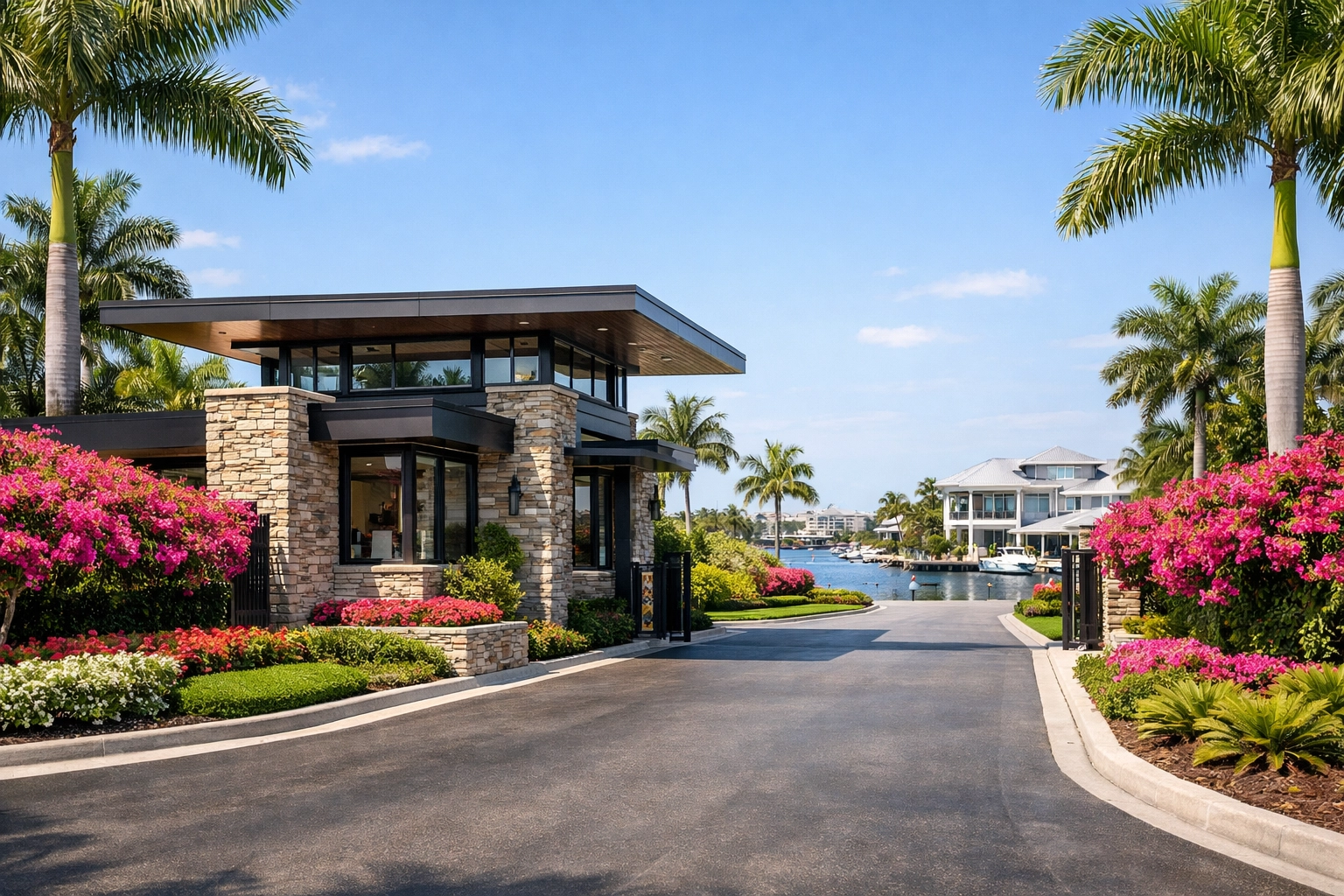 The scenic entrance to a luxury gated community in Cape Coral Florida with tropical landscaping.