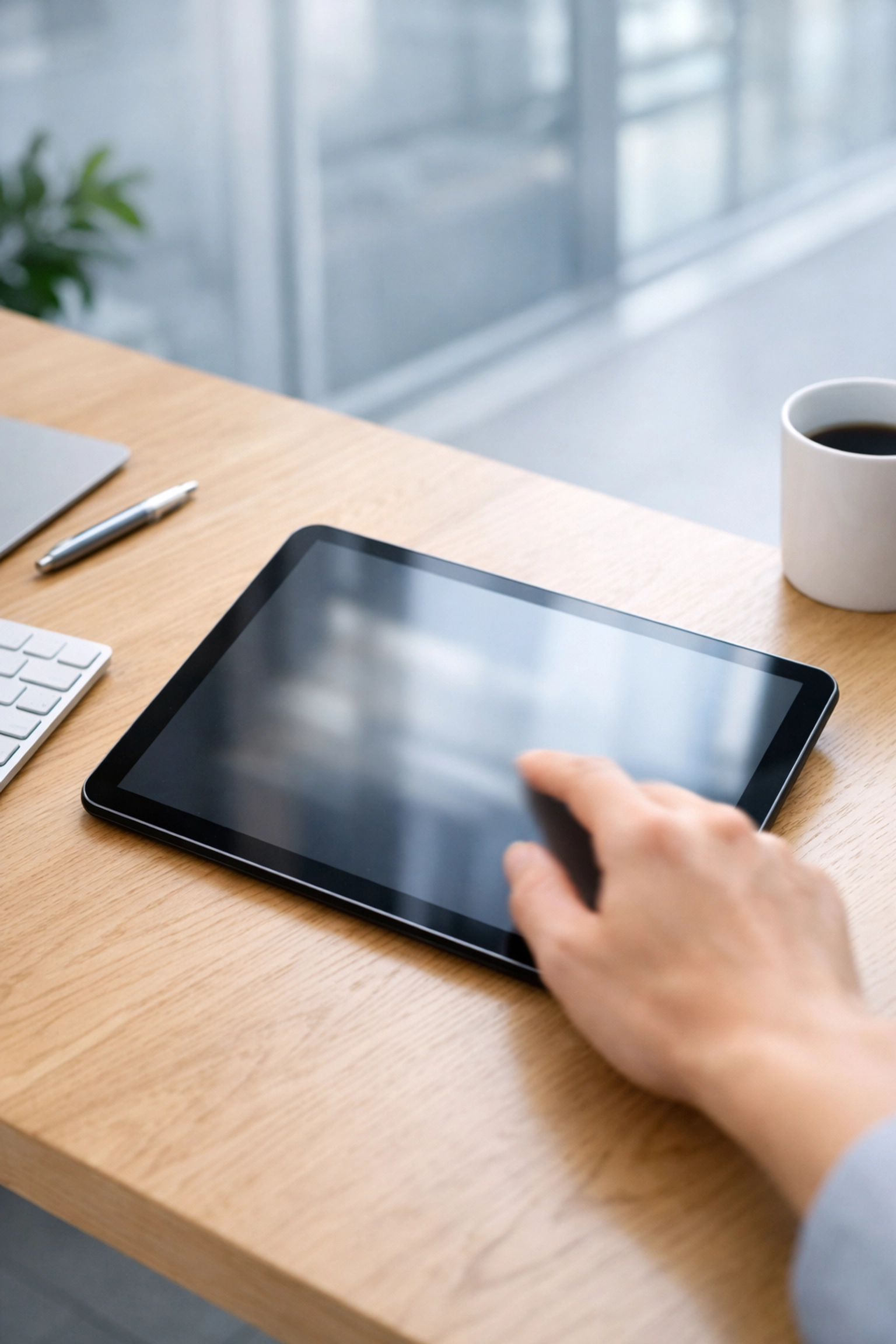 Person using a tablet in a bright office to search for high-intent business information.