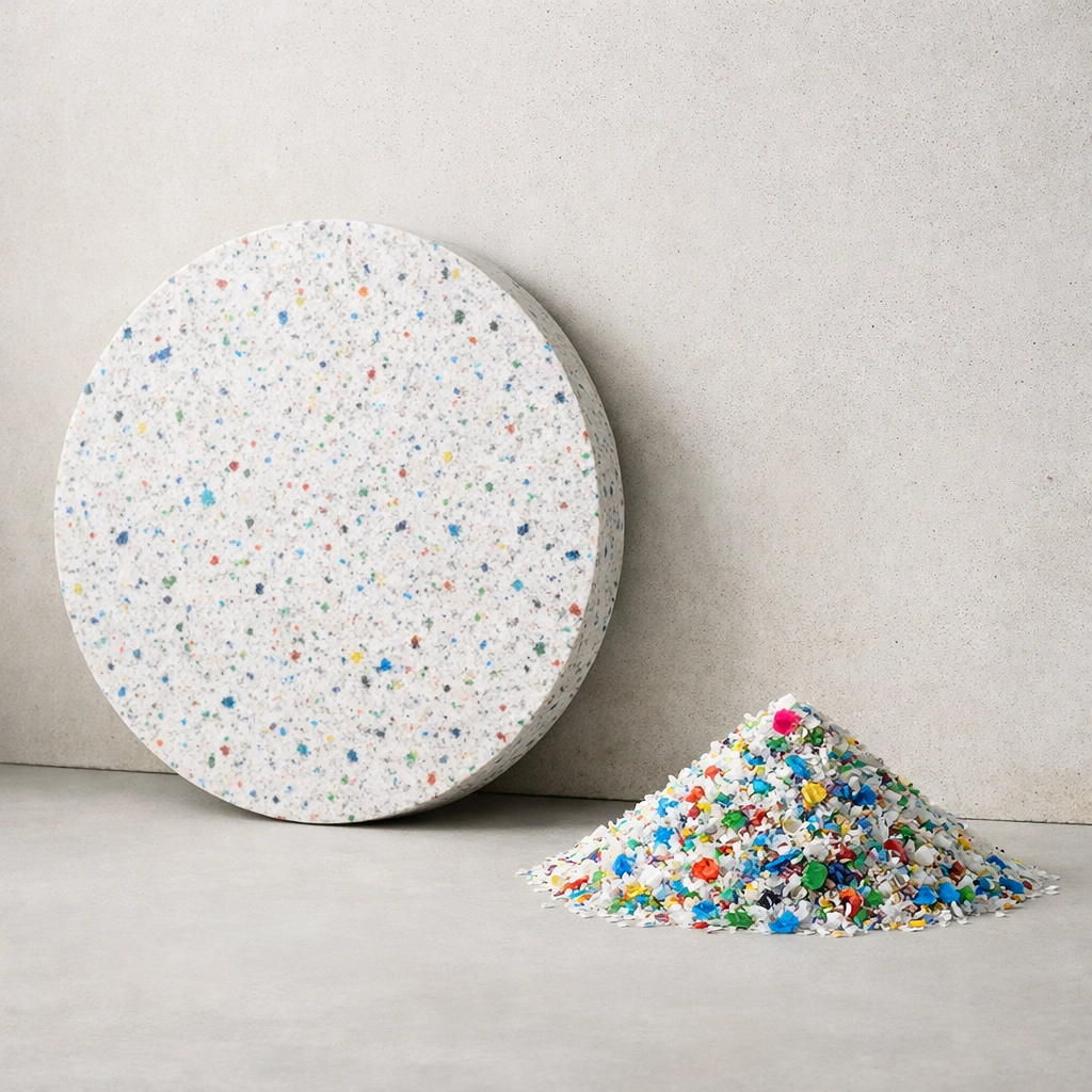 Circular recycled plastic board and shredded flakes, showcasing sustainable construction materials in Australia.