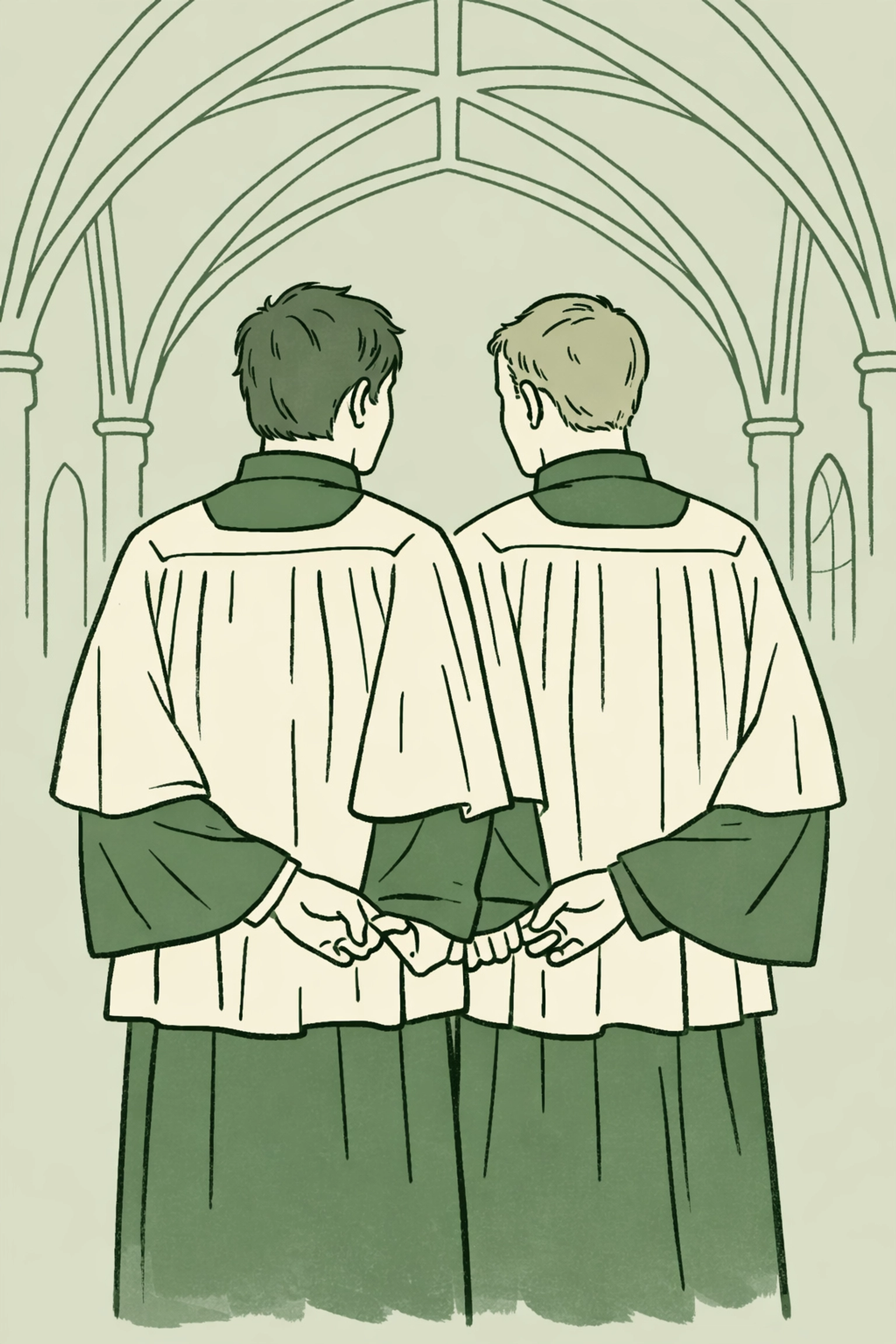 Two men in choir robes secretly holding hands, illustrating high-angst MM romance.