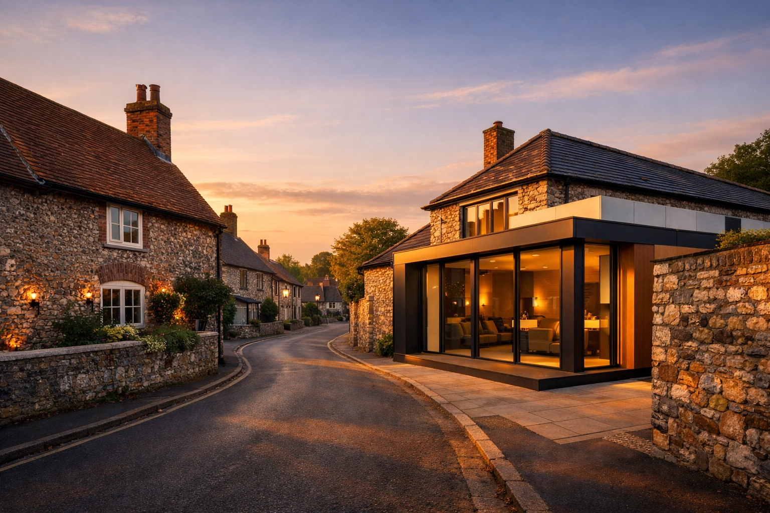 A sophisticated modern house extension in a traditional West Sussex residential street.