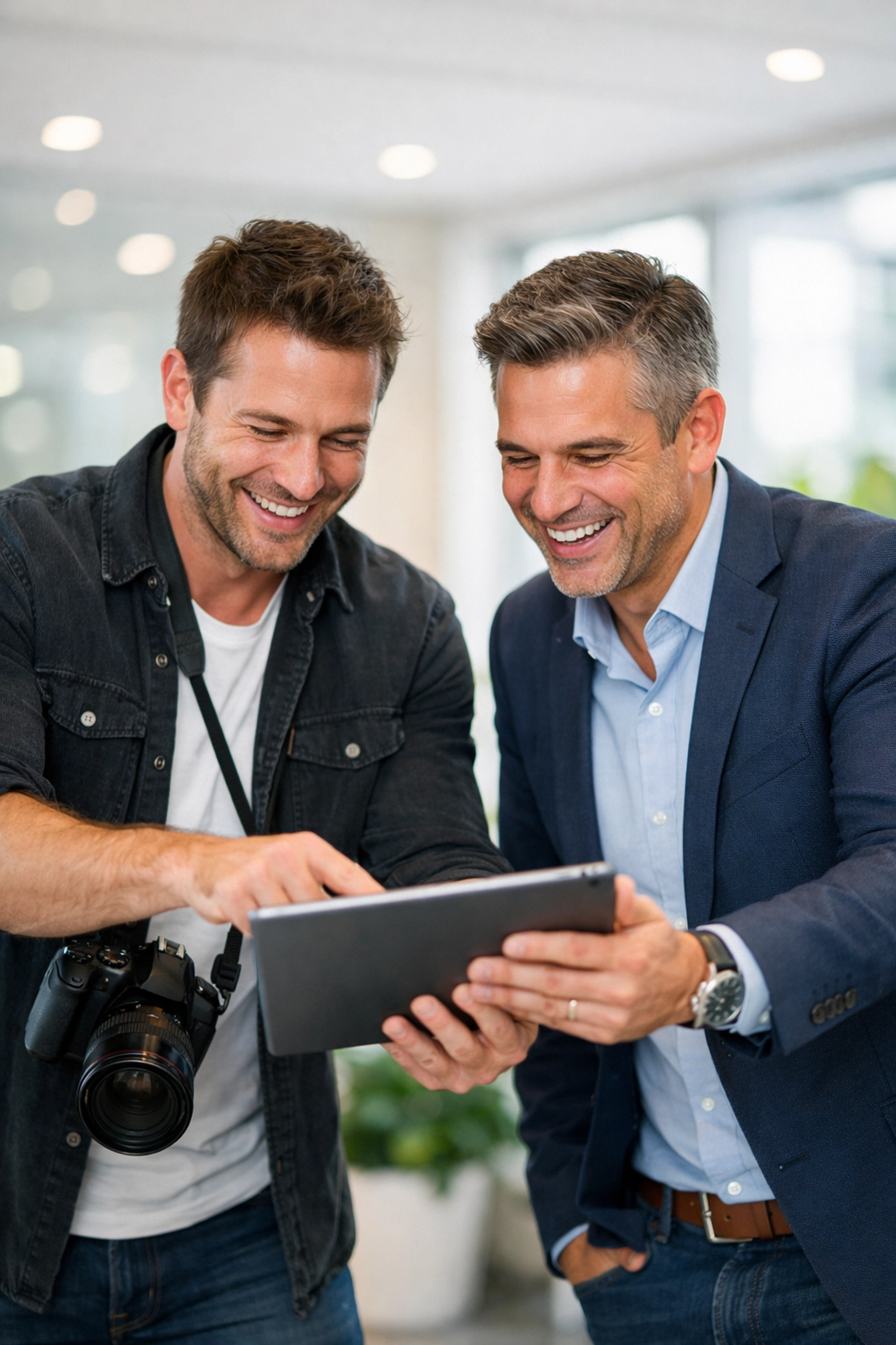 Professional photographer and client collaborating on a tablet to identify the best photo spots for a project.