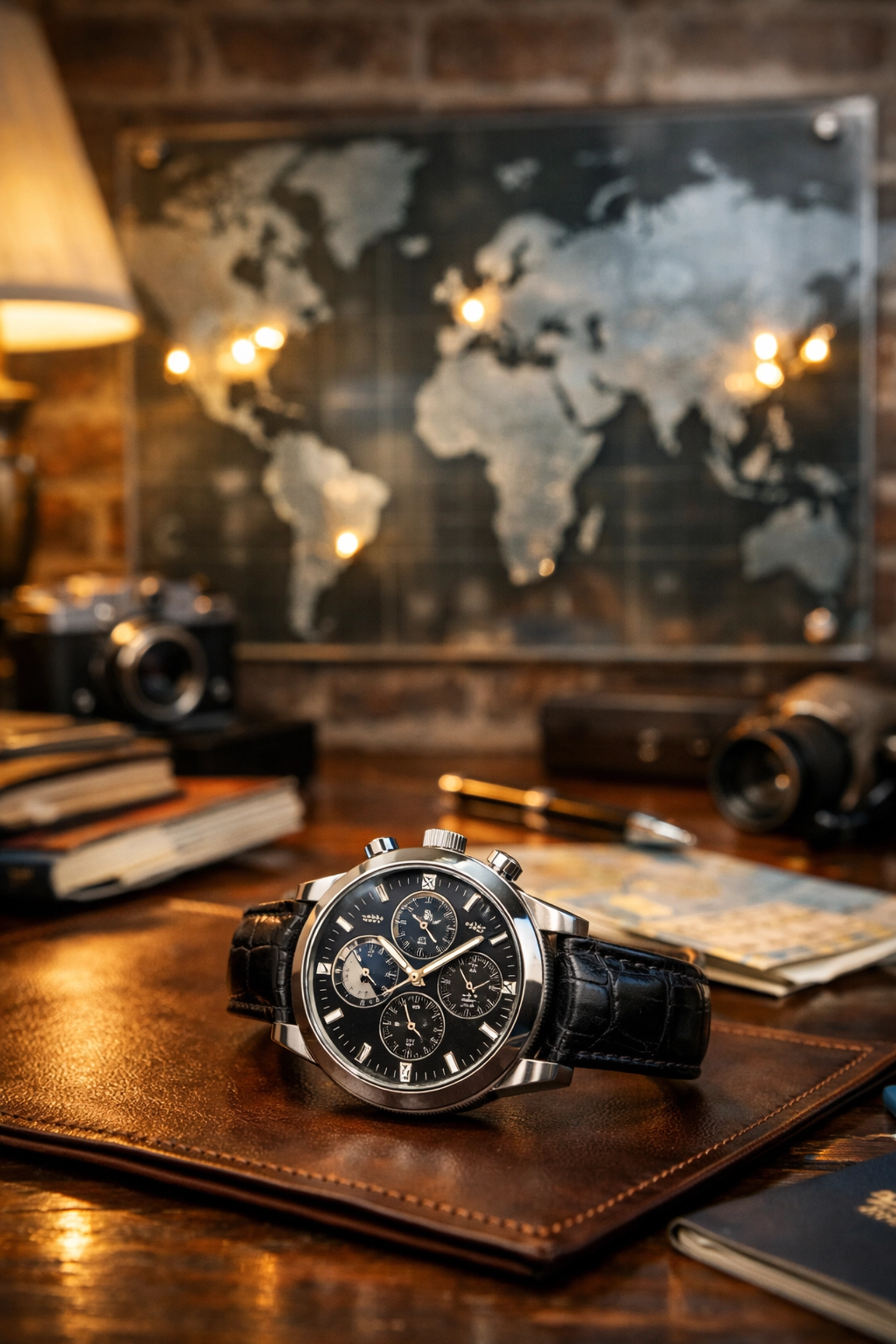 Professional desk with a world map and watch for managing international meeting times across time zones.