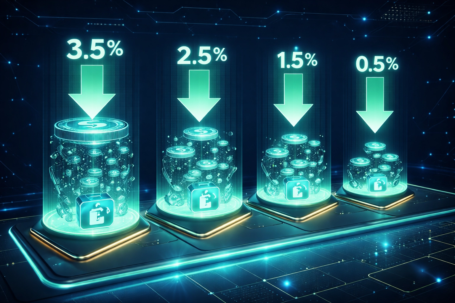 Futuristic dashboard showing reduced merchant interchange fees and gas-only crypto payment savings for businesses.