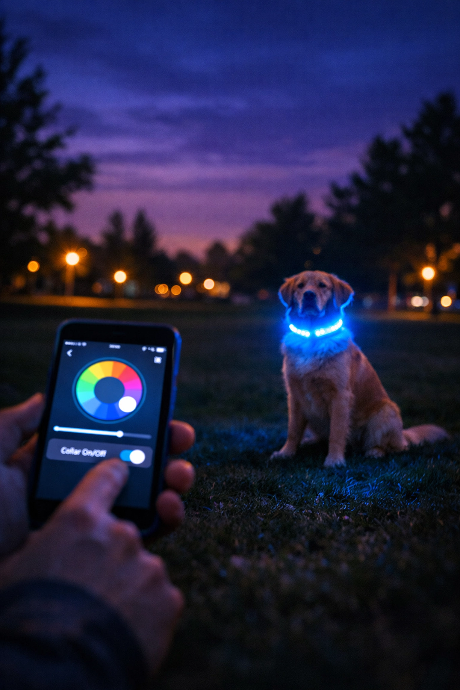 Owner controls light up dog collar with remote via smartphone in dark park
