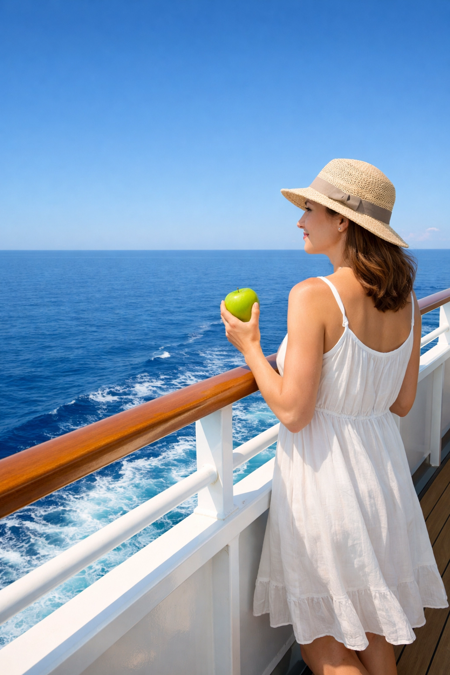 Woman on a private cruise balcony looking at the horizon to prevent sea sickness with a green apple.